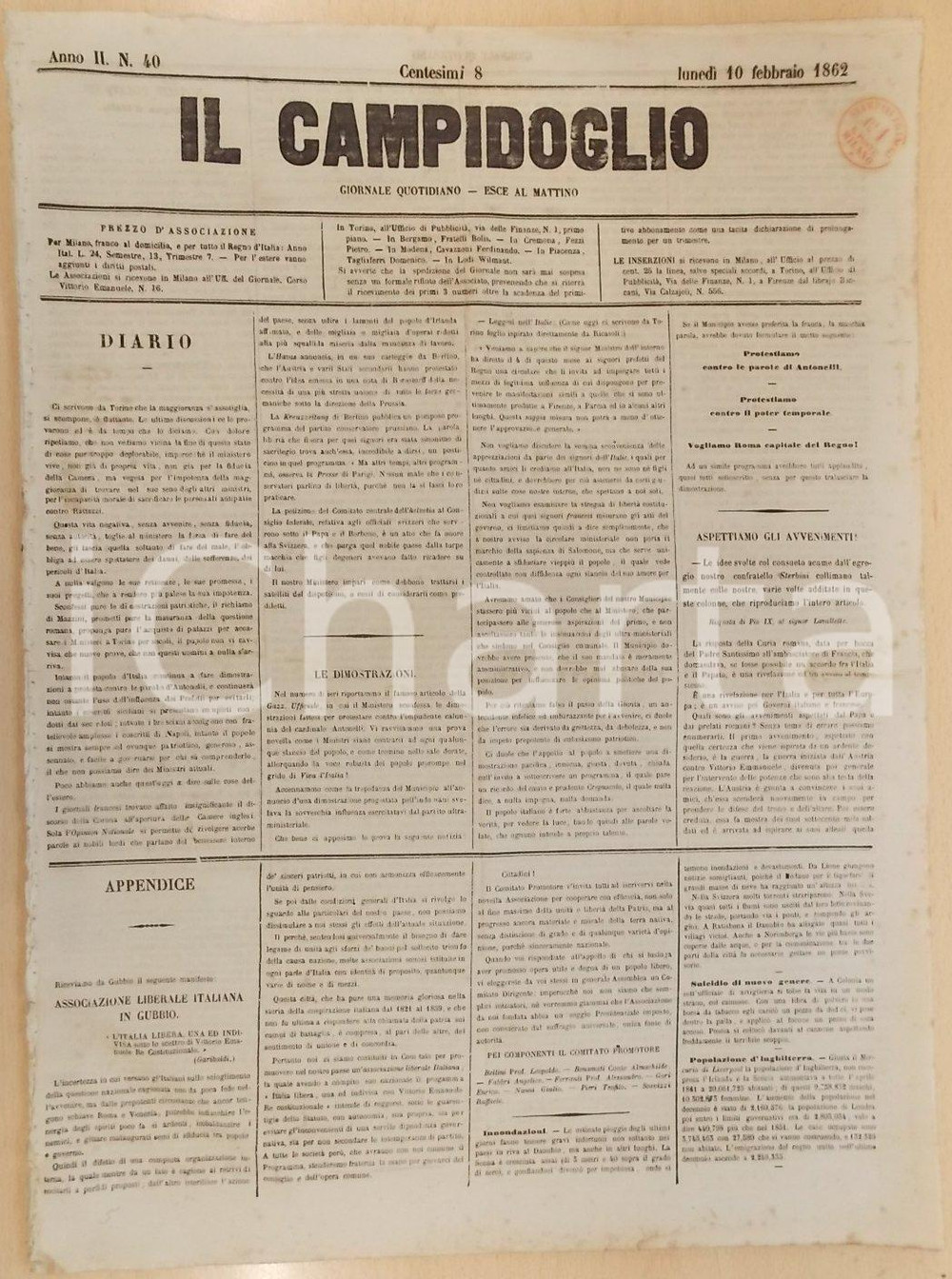 Giornale, rivista storica 1862 MILANO Giornale IL CAMPIDOGLIO Associazione Liberale Italiana in GUBBIO 1