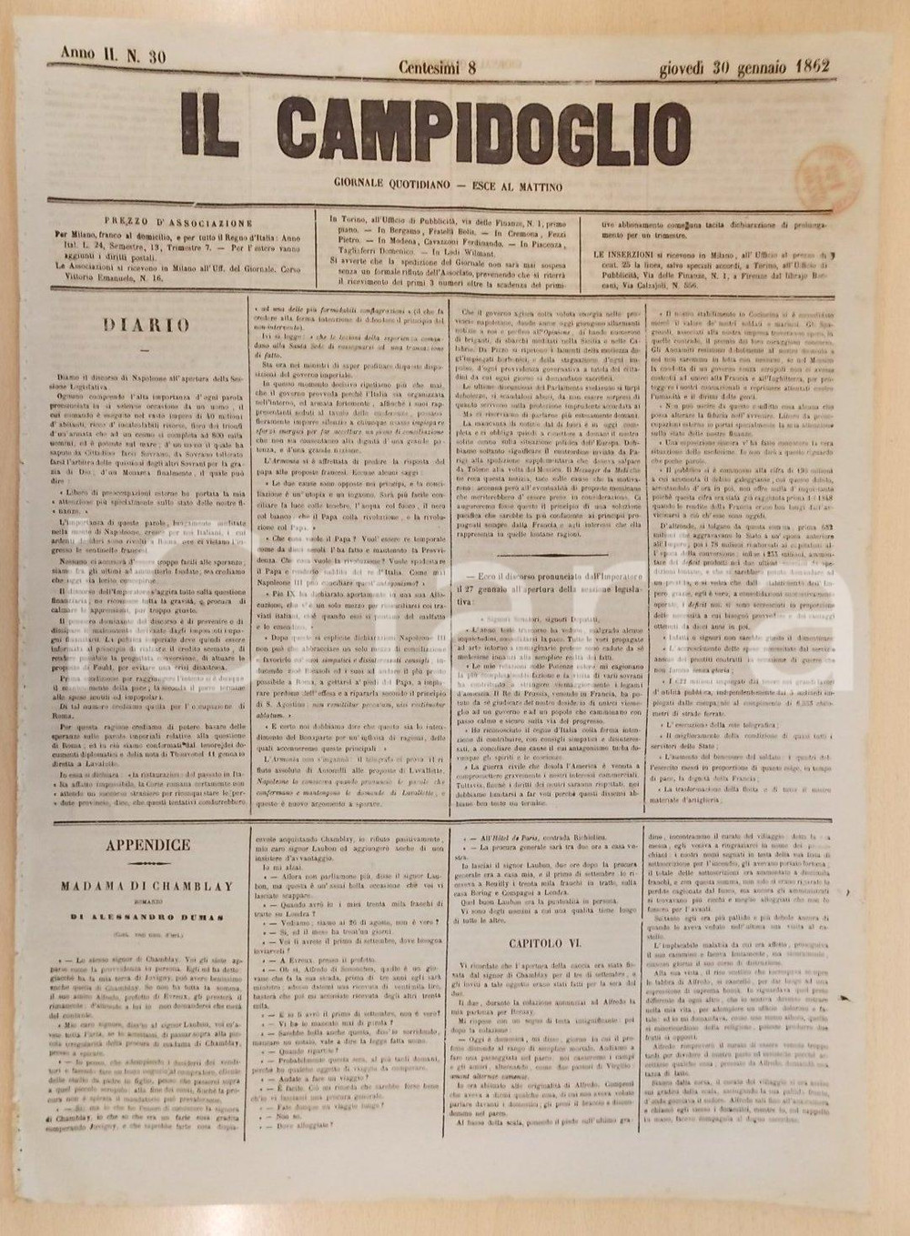 Giornale, rivista storica 1862 MILANO Giornale IL CAMPIDOGLIO Discorso di NAPOLEONE su situazione ITALIA 1