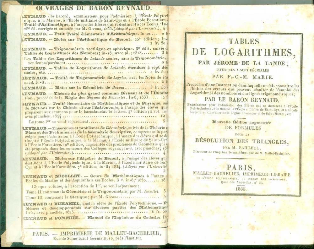 Libro, pubblicazione d epoca 1863 JÃ©rome LALANDE Tables de logarithmes Ã©tendues Ã  sept dÃ©cimales Nouvelle Ã©d. 1