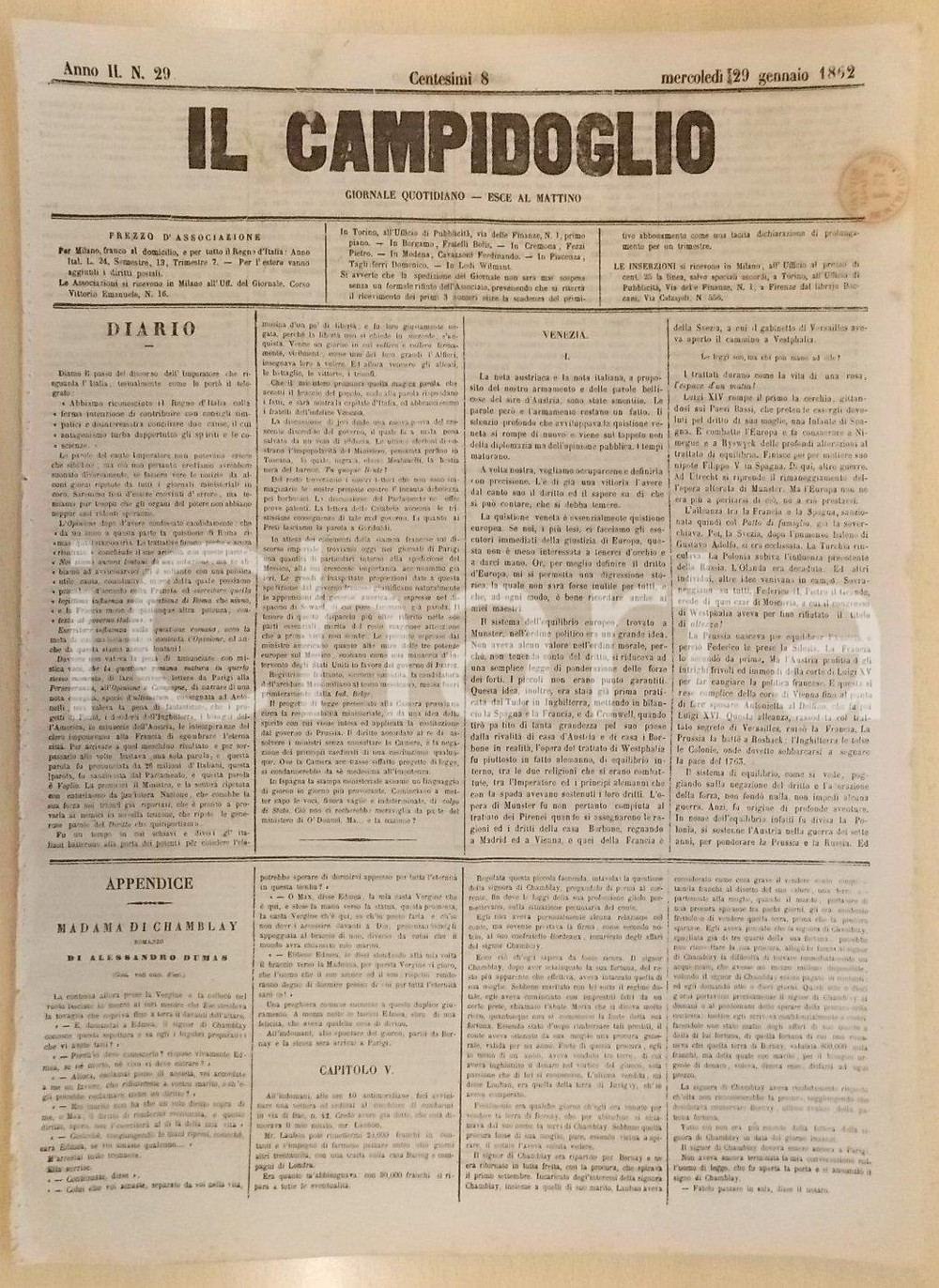 Giornale, rivista storica 1862 MILANO Giornale IL CAMPIDOGLIO La questione di VENEZIA Ã¨ questione europea 1