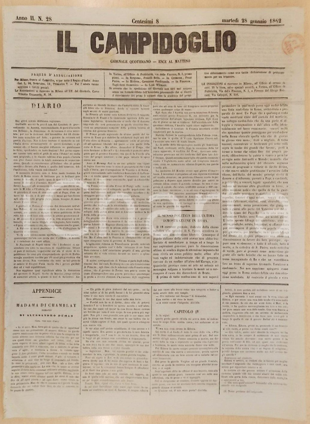 Giornale, rivista storica 1862 MILANO Giornale IL CAMPIDOGLIO Senso dell  ultima dimostrazione di ROMA 1