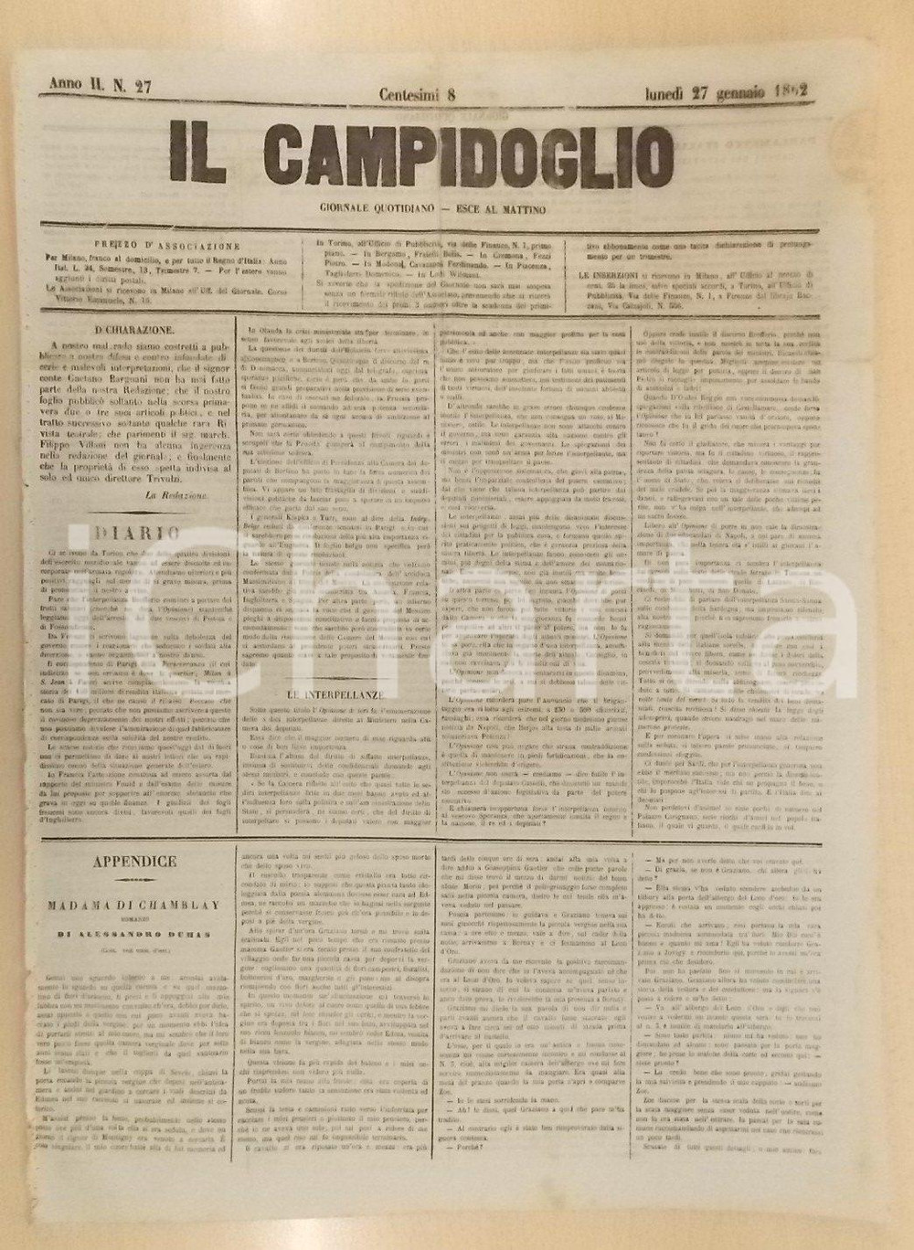 Giornale, rivista storica 1862 MILANO Giornale IL CAMPIDOGLIO Le interpellanze sono abusate ma non inutili 1