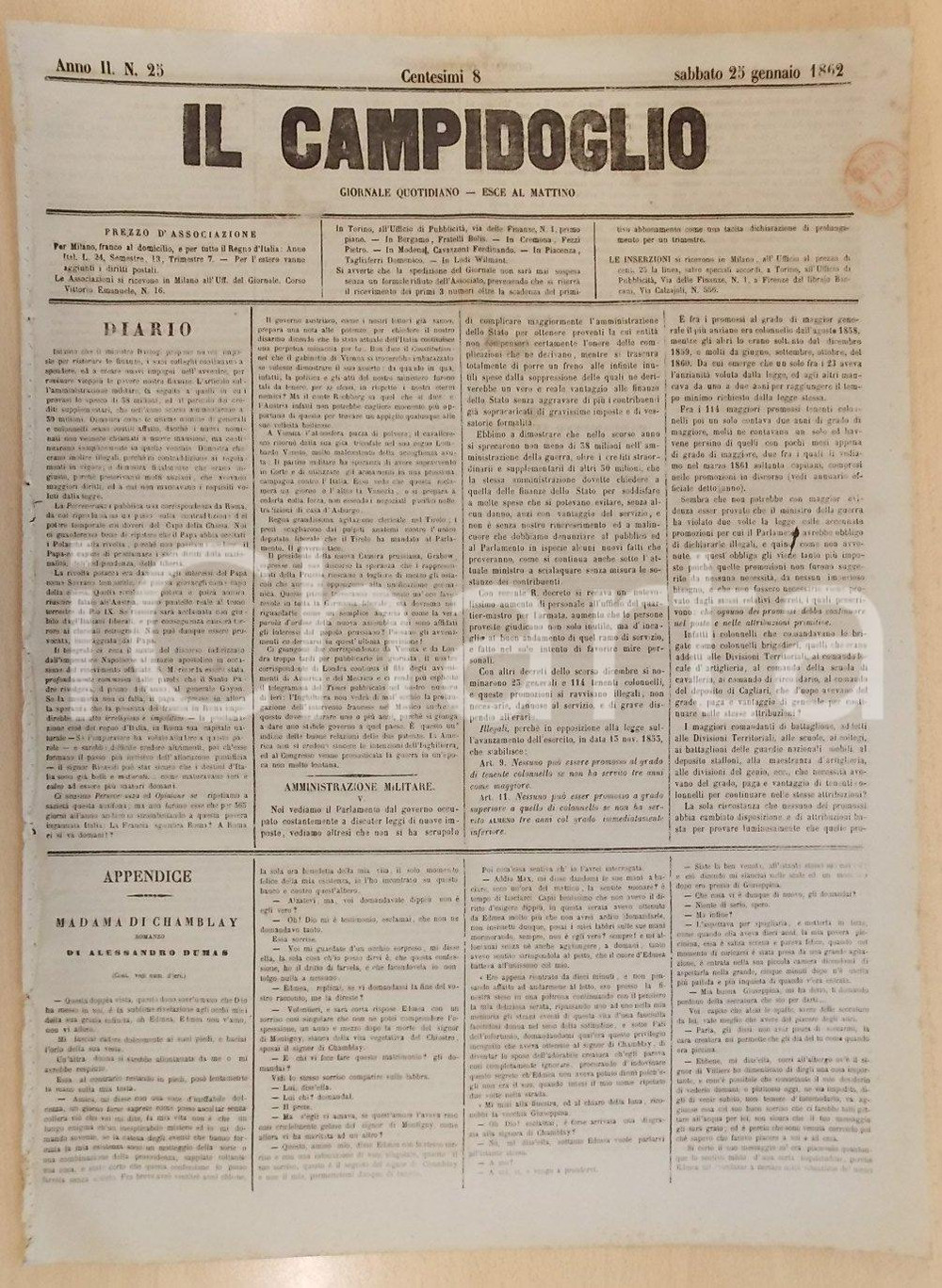 Giornale, rivista storica 1862 MILANO Giornale IL CAMPIDOGLIO Il Governo sa solo discutere nuove imposte 1