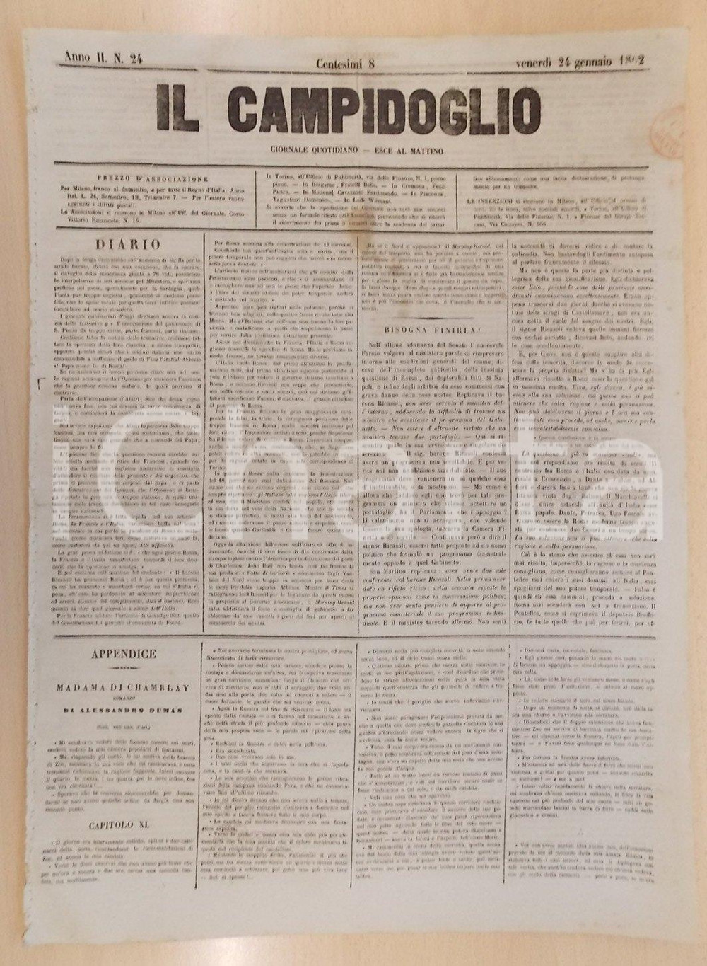 Giornale, rivista storica 1862 MILANO Giornale IL CAMPIDOGLIO Bisgona finirla col governo di RICASOLI! 1