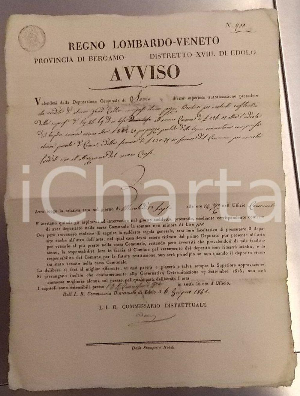 Documento originale, autentico 1841 SONICO BS Asta di terreni coltivi e boschivi  Manifesto 1