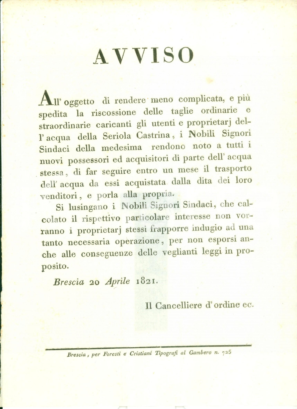 Documento originale, autentico 1821 BRESCIA Norme per acquirenti dell acqua della SERIOLA CASTRINA Manifestino 1