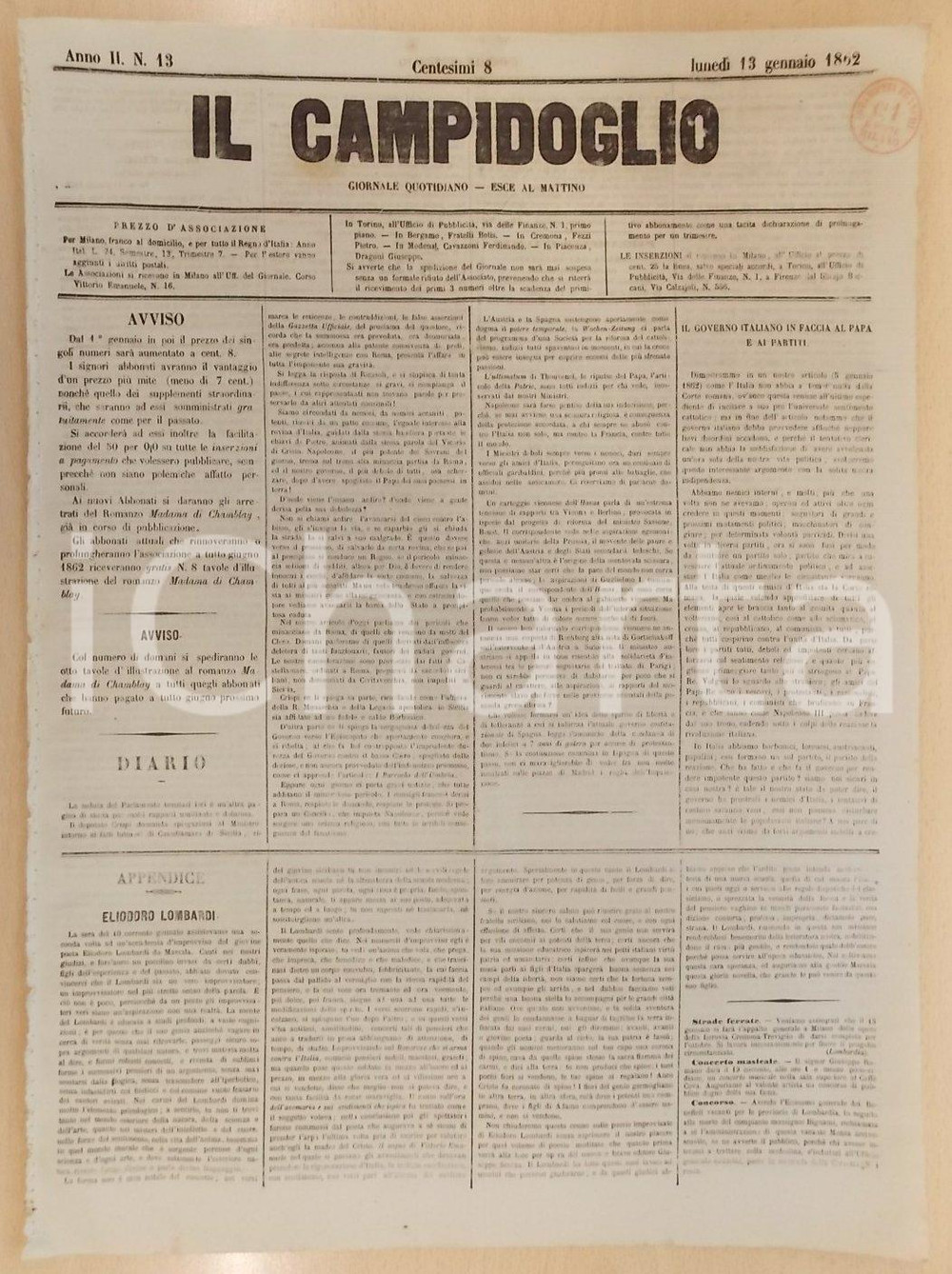 Giornale, rivista storica 1862 MILANO Giornale IL CAMPIDOGLIO Curia Romana Ã¨ il capo dei nemici d ITALIA 1