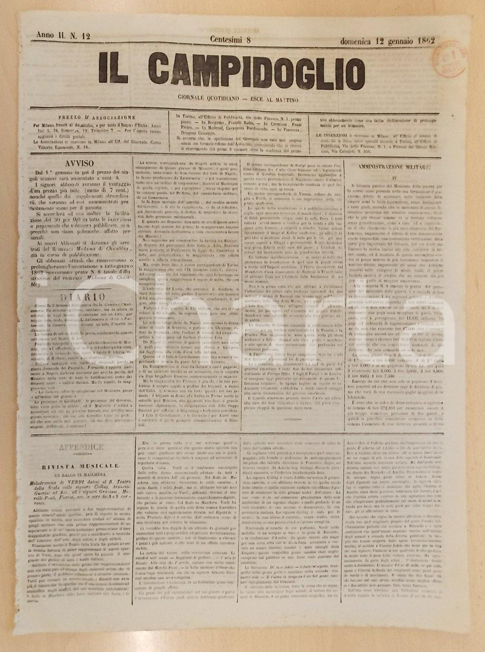 Giornale, rivista storica 1862 MILANO Giornale IL CAMPIDOGLIO Verifiche su bilancio Ministero della Guerra 1