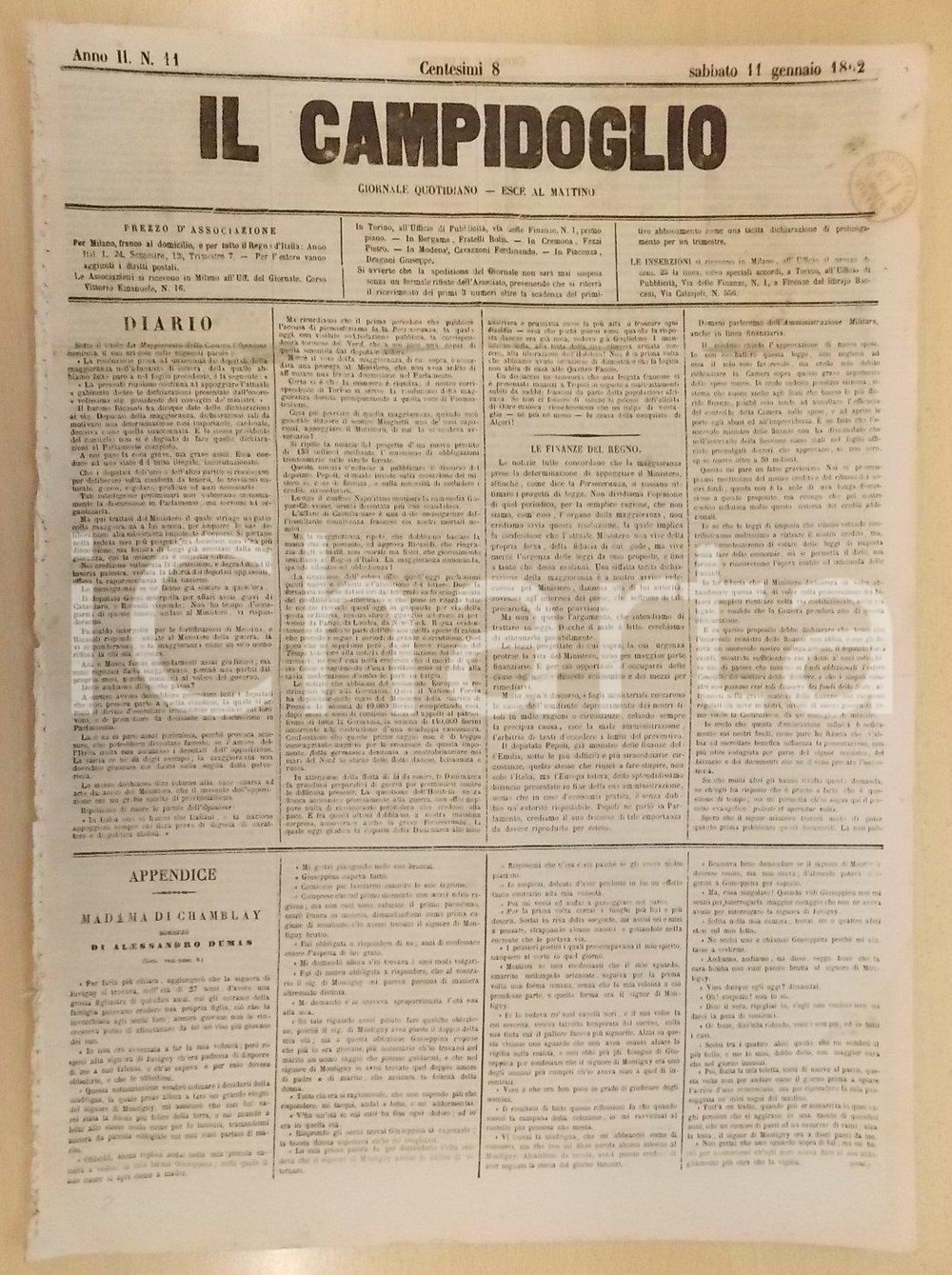 Giornale, rivista storica 1862 MILANO Giornale IL CAMPIDOGLIO Situazione delle finanze del Regno d ITALIA 1
