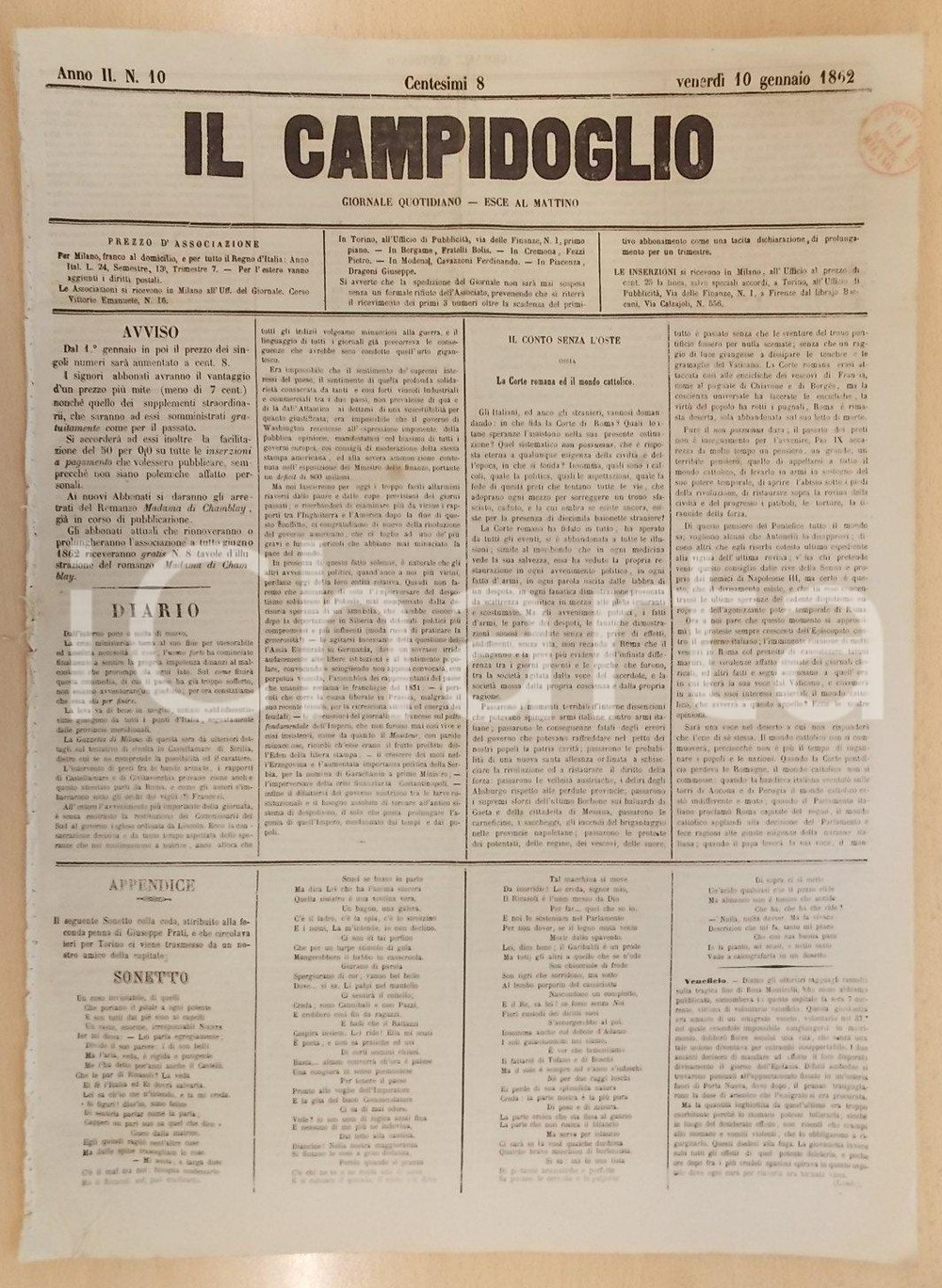 Giornale, rivista storica 1862 MILANO Giornale IL CAMPIDOGLIO La Corte romana e il mondo cattolico 1