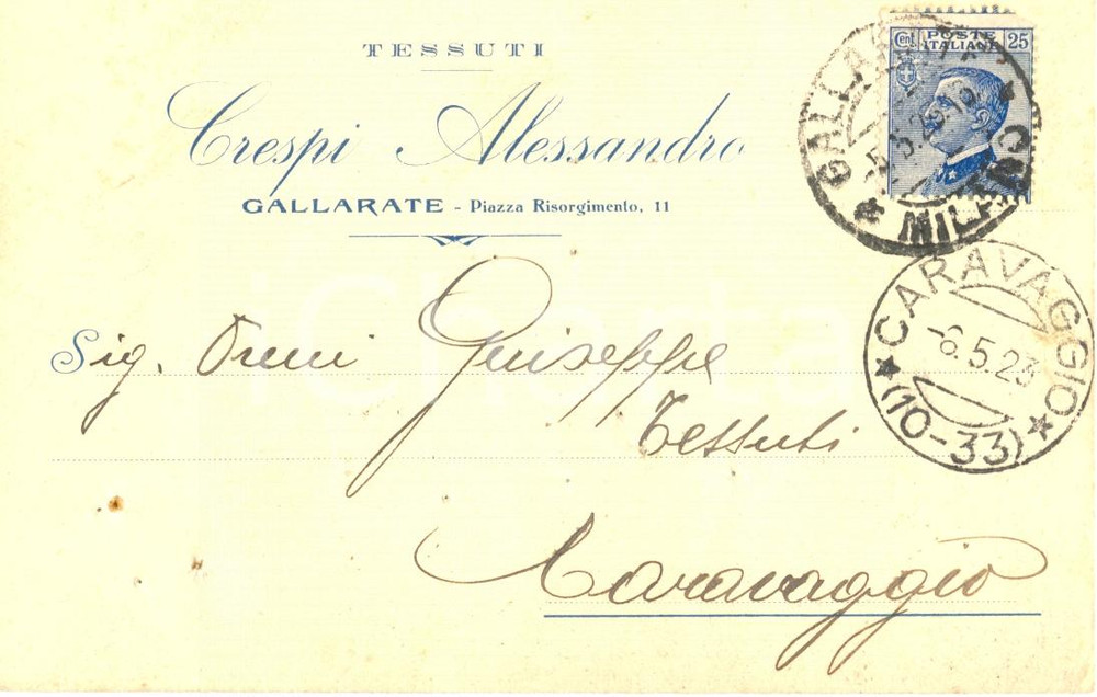 Cartolina originale da collezione 1923 GALLARATE VA Ditta Alessandro CRESPI commercio TESSUTI Cartolina 1