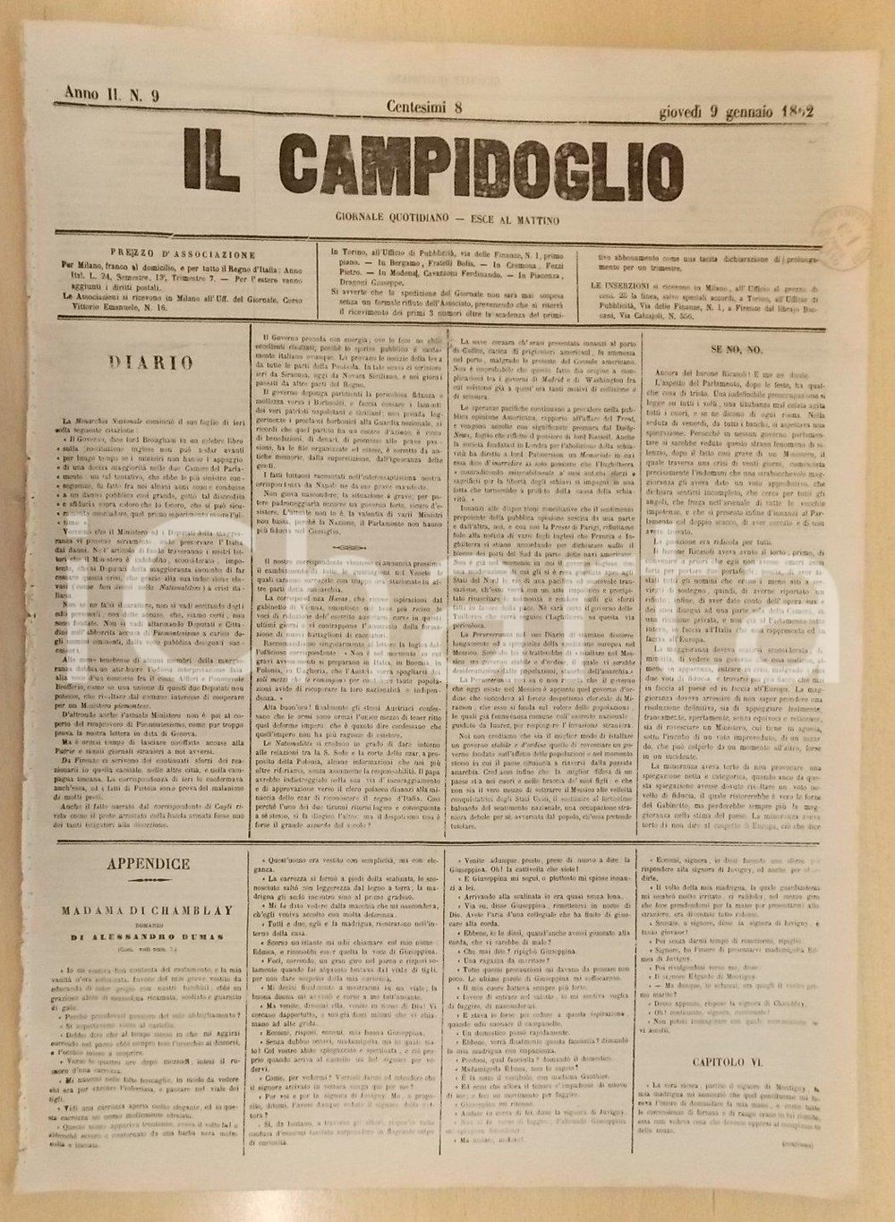 Giornale, rivista storica 1862 MILANO Giornale IL CAMPIDOGLIO Bettino RICASOLI sciolga il Parlamento 1