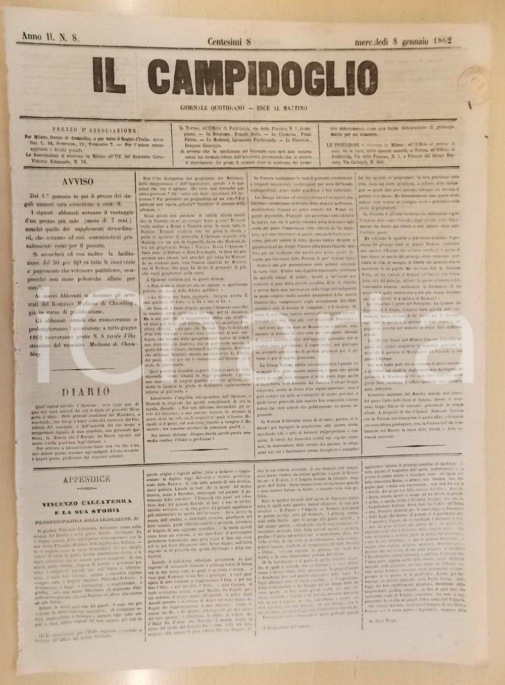 Giornale, rivista storica 1862 MILANO Giornale IL CAMPIDOGLIO Vincenzo CALCATERRA e la sua storia 1