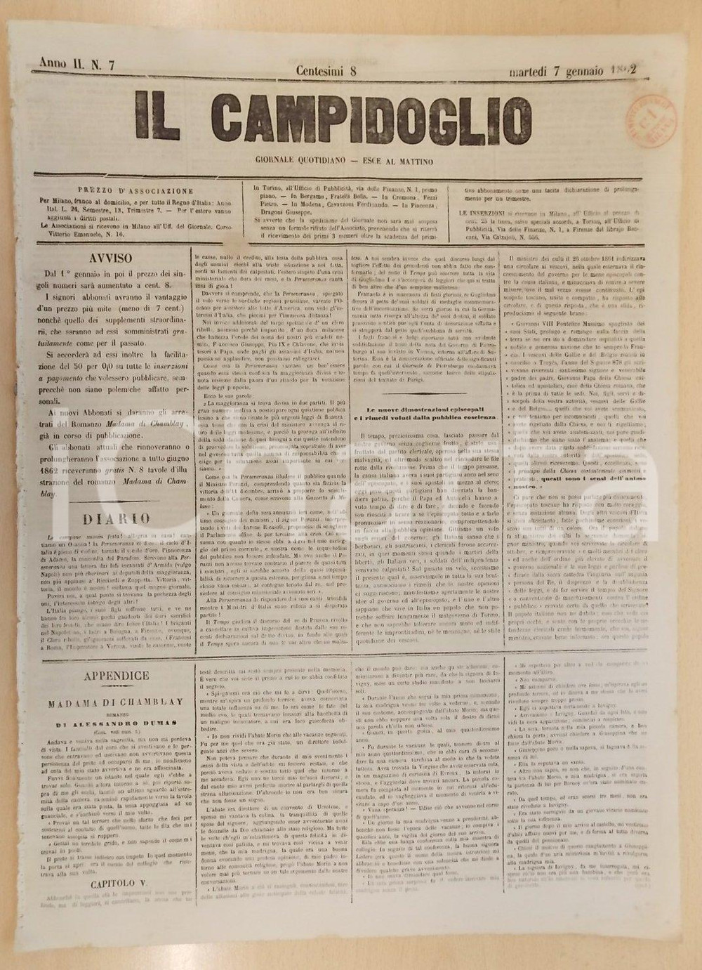 Giornale, rivista storica 1862 MILANO Giornale IL CAMPIDOGLIO vescovi rinnegano la bandiera italiana 1