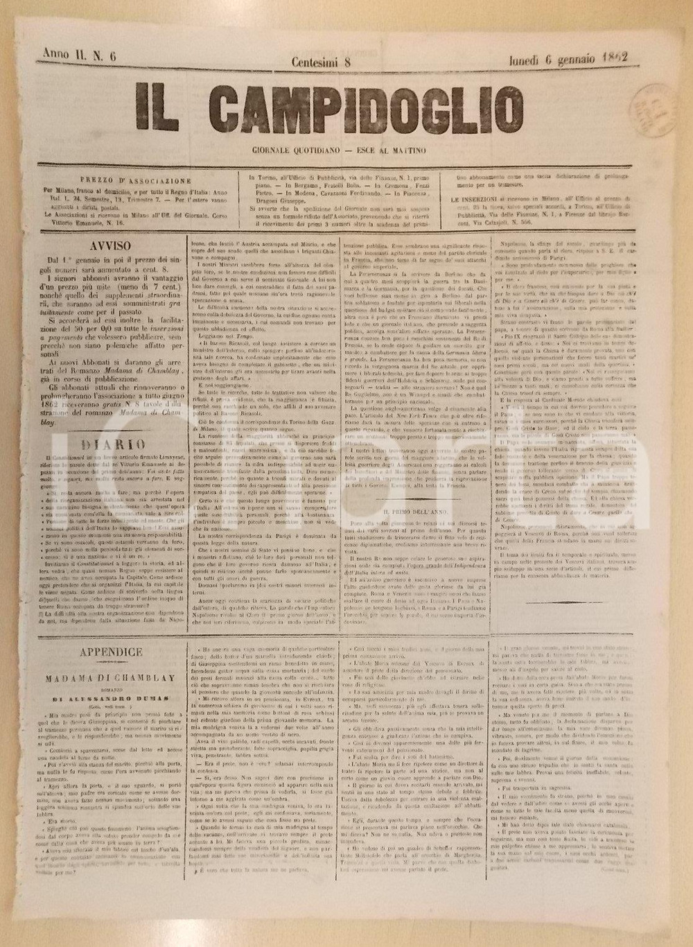 Giornale, rivista storica 1862 MILANO Giornale IL CAMPIDOGLIO Discorsi dei sovrani per il primo dell anno 1