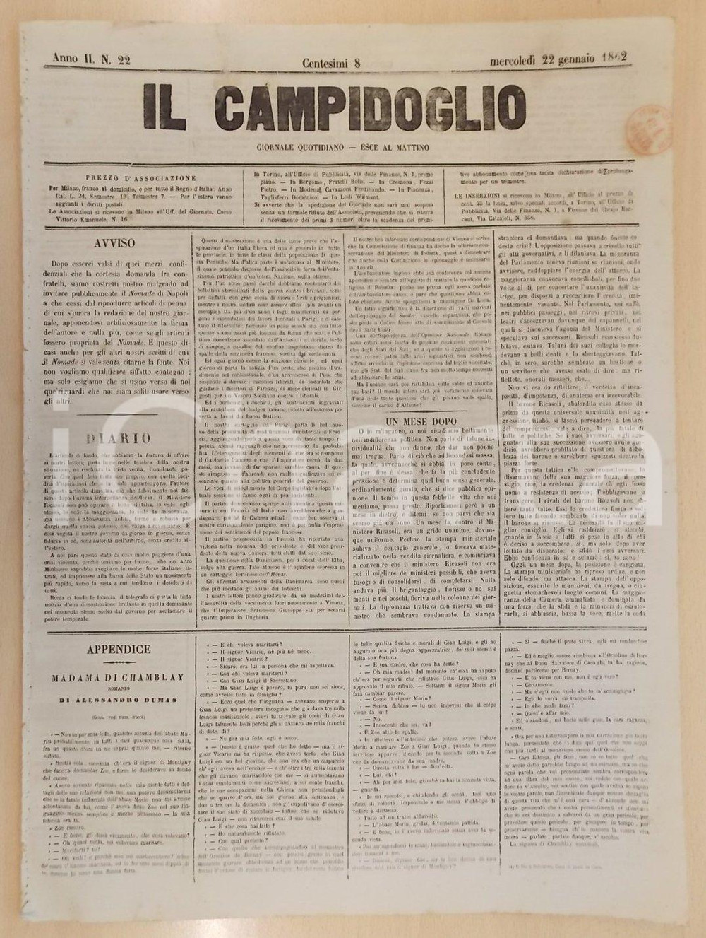 Giornale, rivista storica 1862 MILANO Giornale IL CAMPIDOGLIO Bettino RICASOLI Ã¨ inadatto al suo compito 1