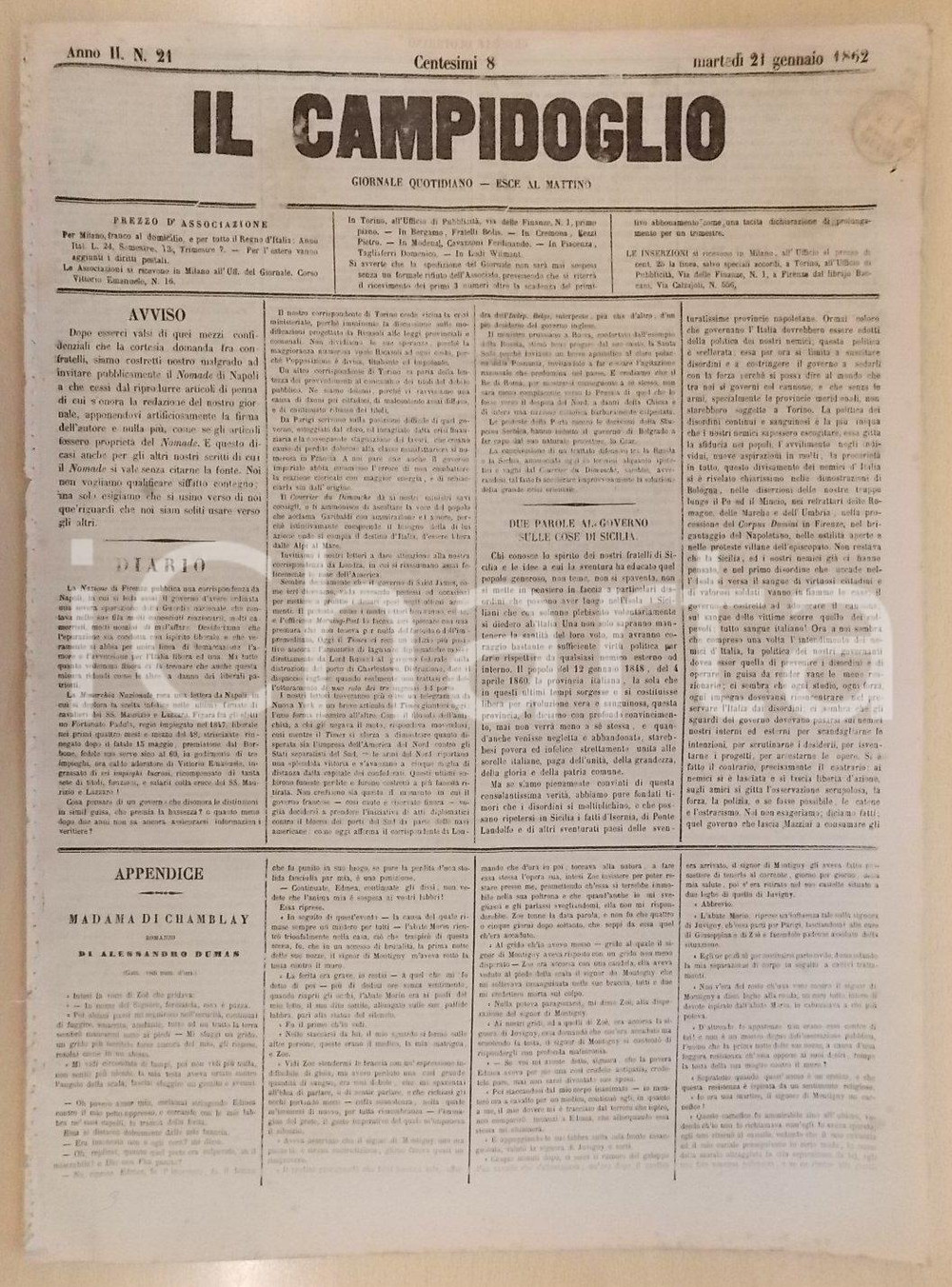 Giornale, rivista storica 1862 MILANO Giornale IL CAMPIDOGLIO Due parole al Governo sulle cose di SICILIA 1