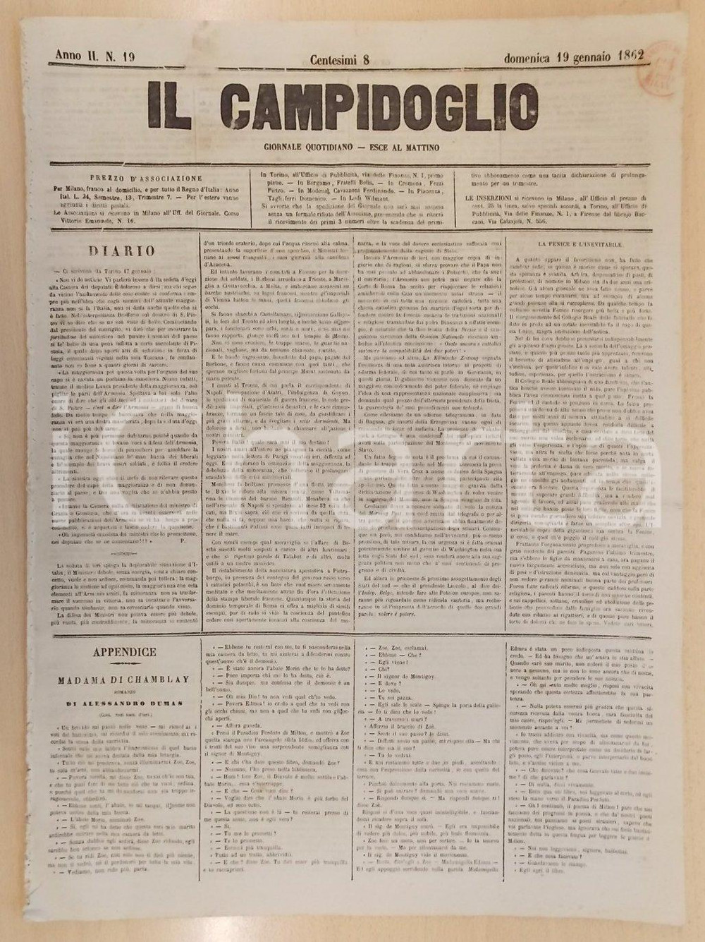 Giornale, rivista storica 1862 MILANO Giornale IL CAMPIDOGLIO Riorganizzazione Collegio Reale Fanciulle 1