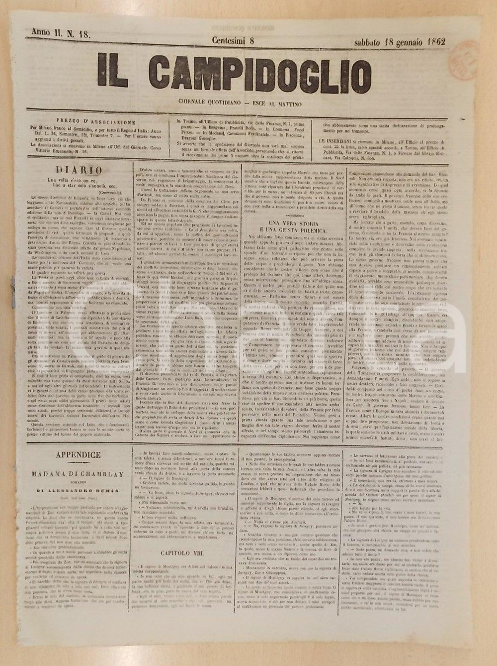 Giornale, rivista storica 1862 MILANO Giornale IL CAMPIDOGLIO Dovevamo fondare lo Stato colle armi 1