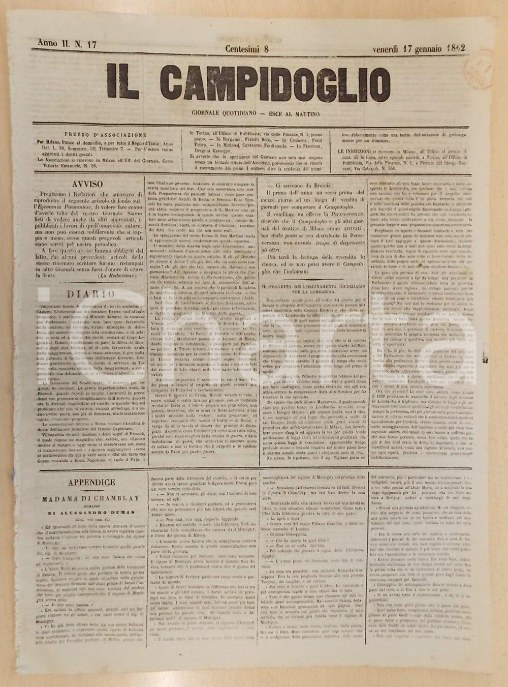 Giornale, rivista storica 1862 MILANO Giornale IL CAMPIDOGLIO Ordinamento giudiziario per la LOMBARDIA 1