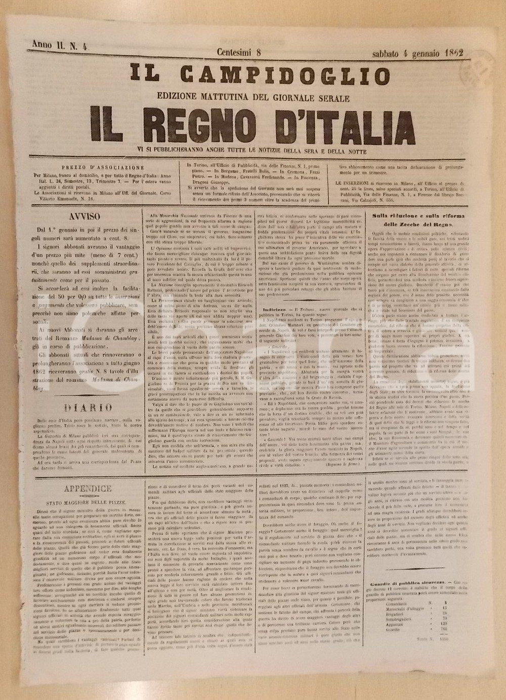 Giornale, rivista storica 1862 MILANO Giornale IL CAMPIDOGLIO Riduzione e riforma delle Zecche del REGNO 1