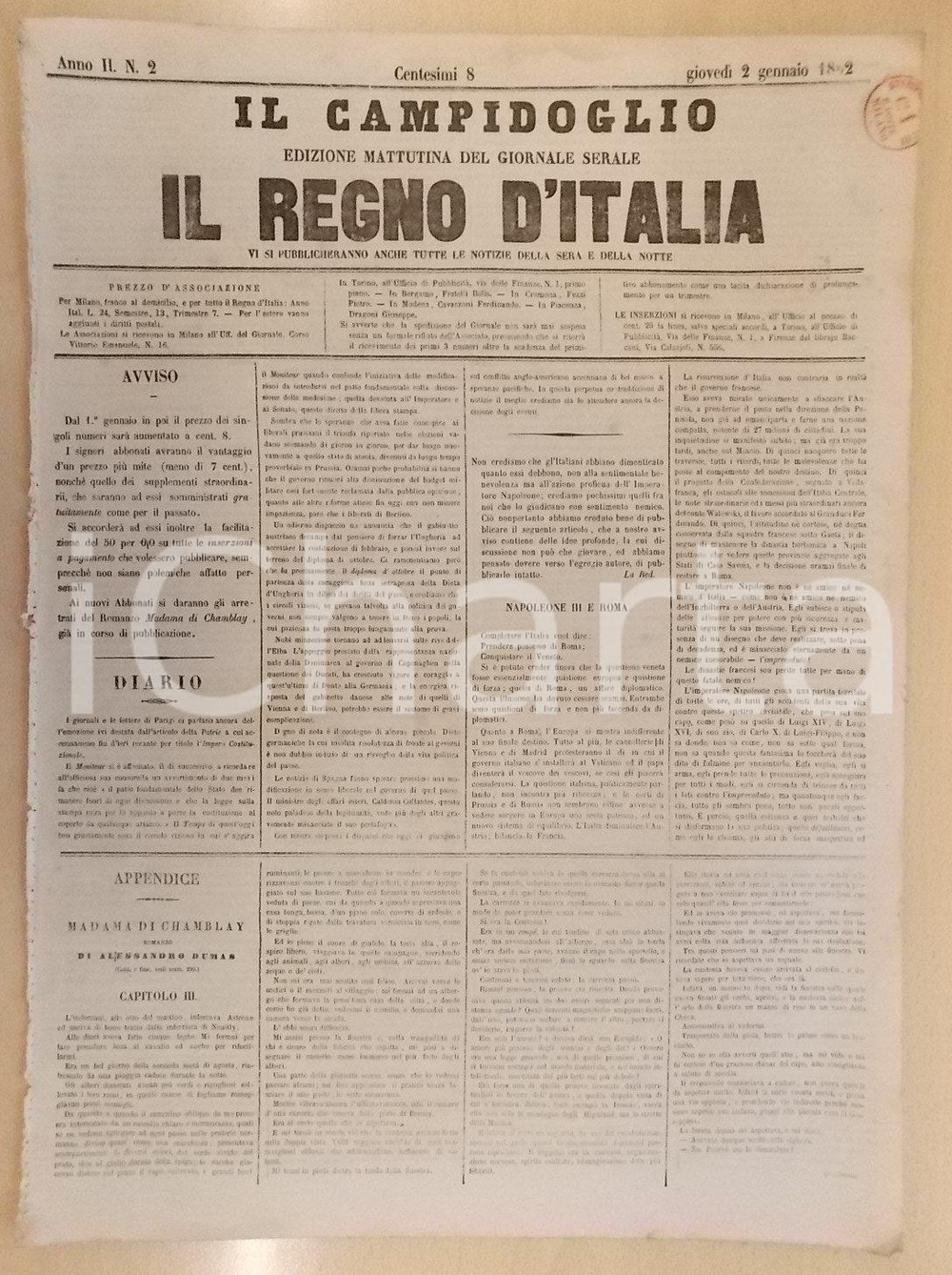 Giornale, rivista storica 1862 MILANO Giornale IL CAMPIDOGLIO Imperatore Napoleone III e Roma 1