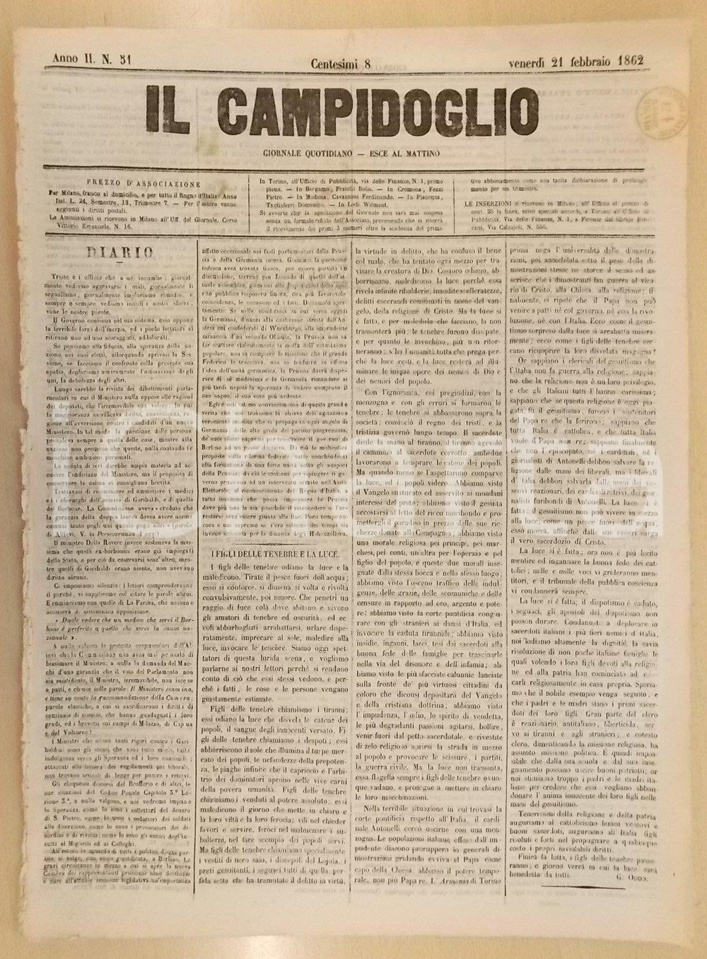 Giornale, rivista storica 1862 MILANO Giornale IL CAMPIDOGLIO I figli delle tenebre e la luce 1