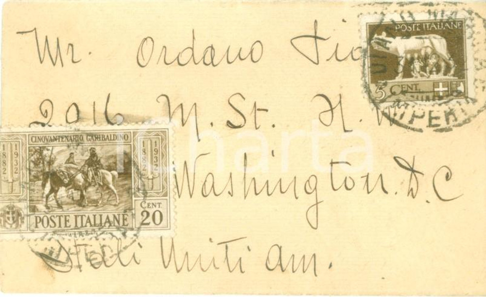 Documento originale, autentico 1932 STORIA POSTALE Busta per WASHINGTON Francobollo centenario garibaldino 1