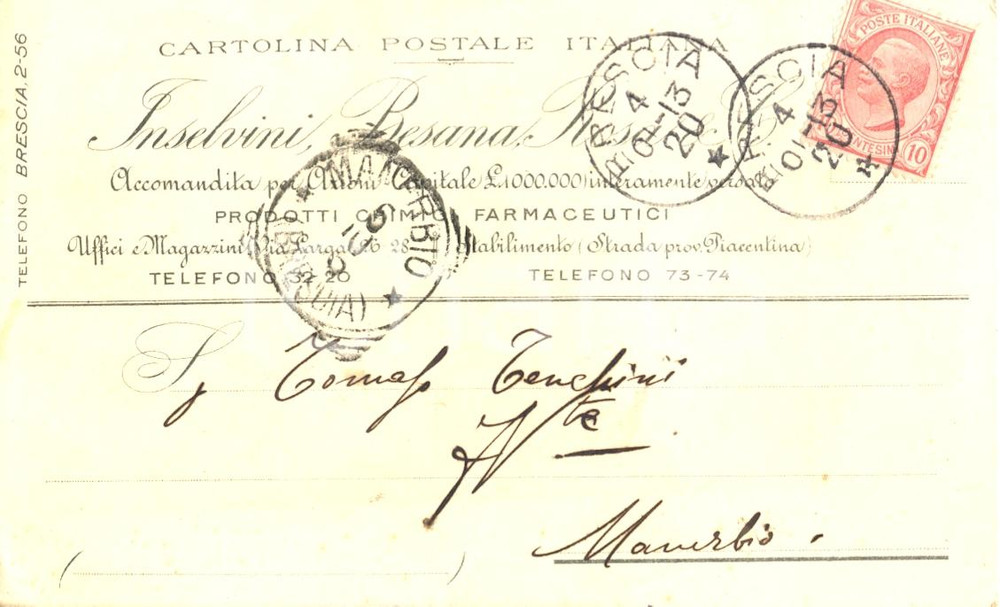 Cartolina originale da collezione 1913 MILANO Ditta INSELVINI BESANA Rosa & C.  Prodotti farmaceutici Cartolina 1