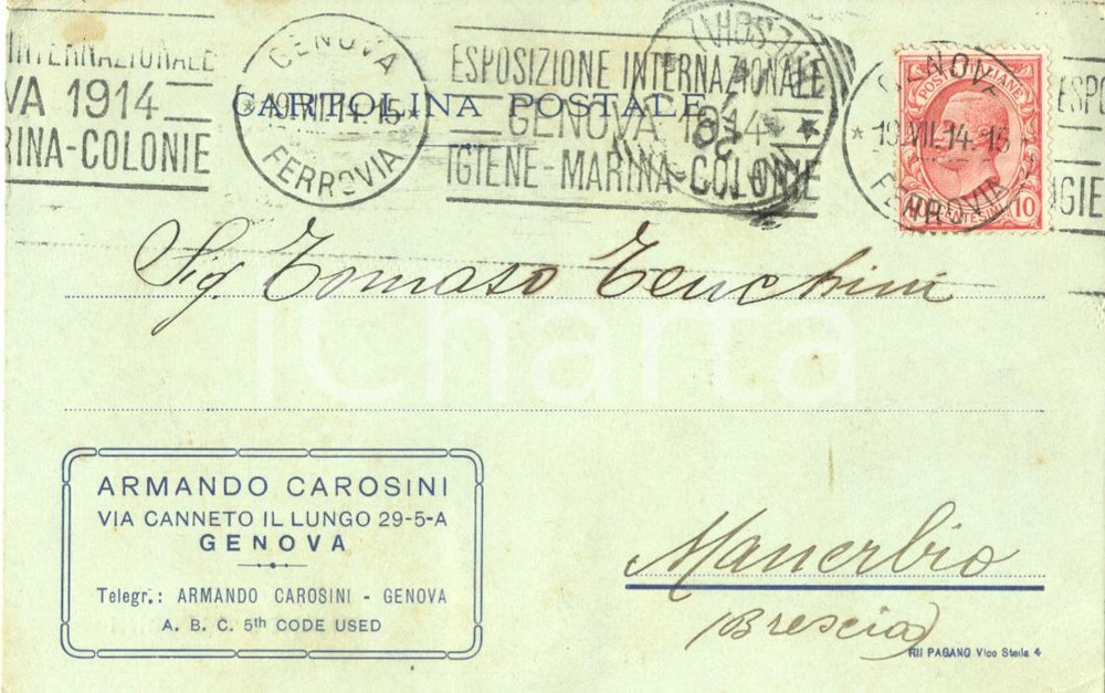 Cartolina originale da collezione 1914 GENOVA Armando CAROSINI fornitore Cartolina Commerciale FP VG 1