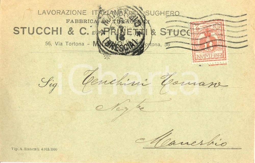 Cartolina originale da collezione 1913 MILANO Ditta STUCCHI & C. Fabbrica di TURACCIOLI Cartolina commerciale FP 1
