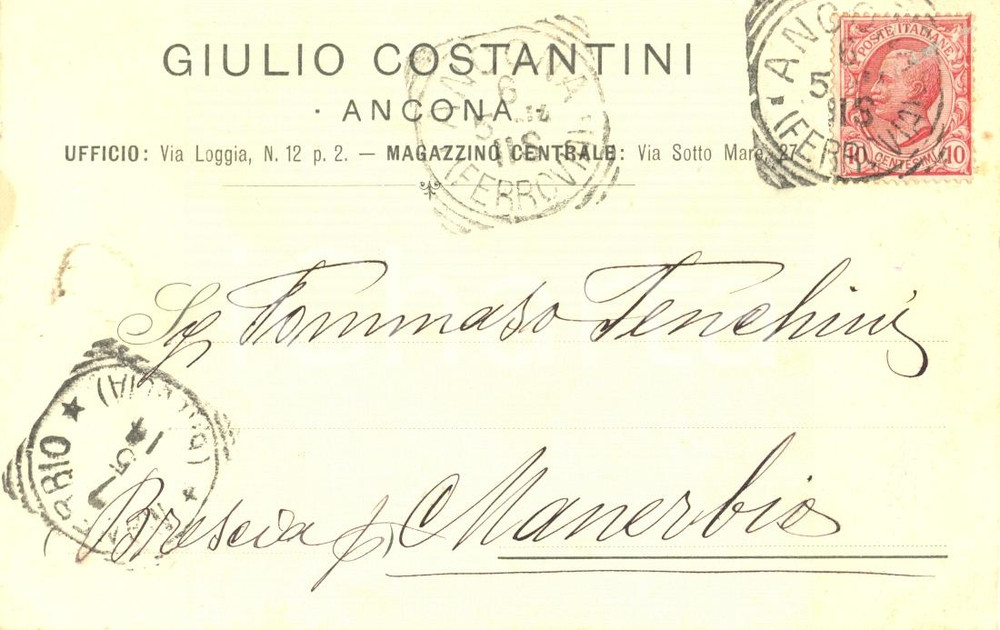 Cartolina originale da collezione 1914 ANCONA Giulio COSTANTINI  Commercio Salumi Cartolina Commerciale FP VG 1