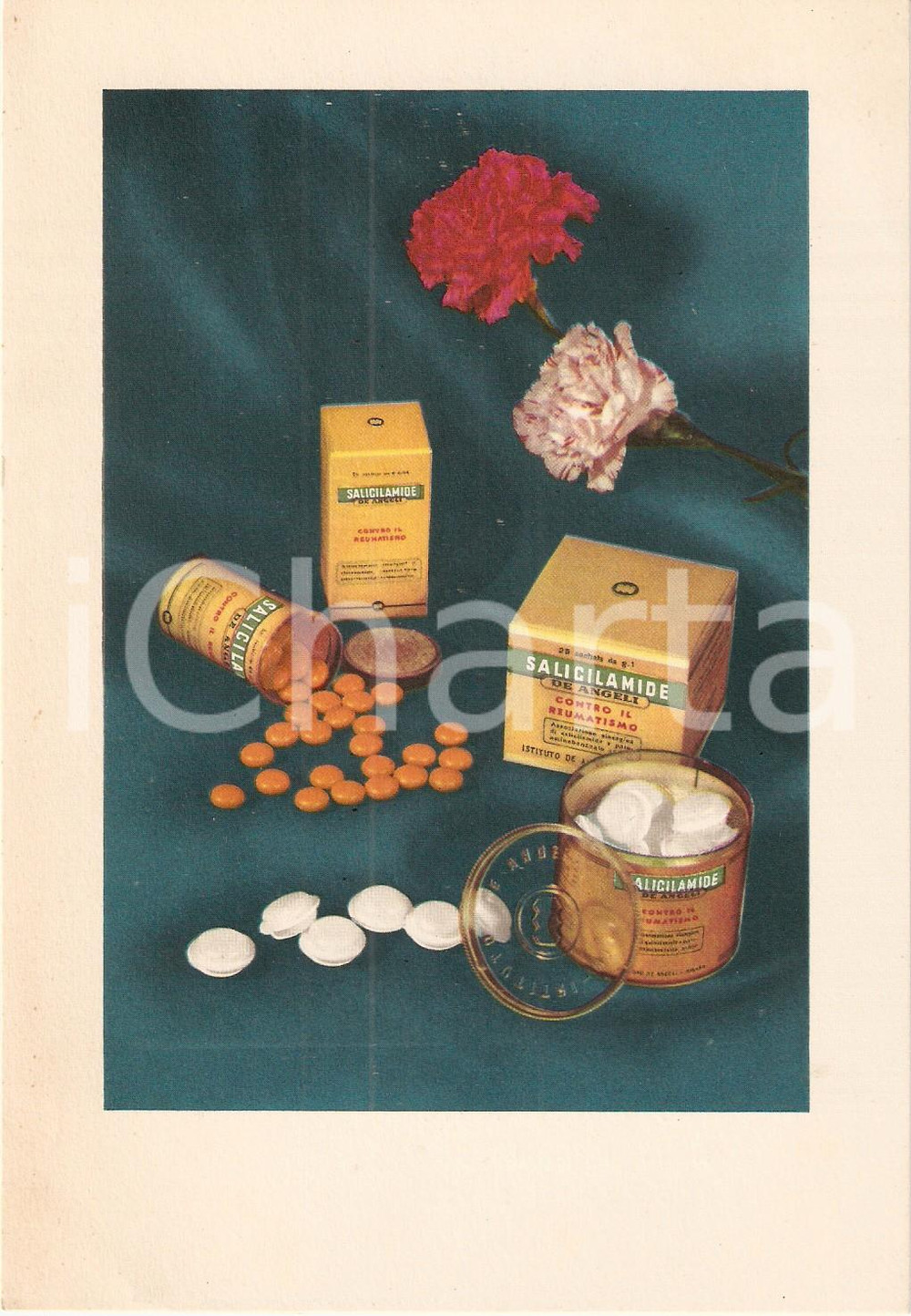 Materiale pubblicitario d’epoca 1955 MILANO Istituto DE ANGELI Farmaco SALICILAMIDE Cartoncino pubblicitario 1