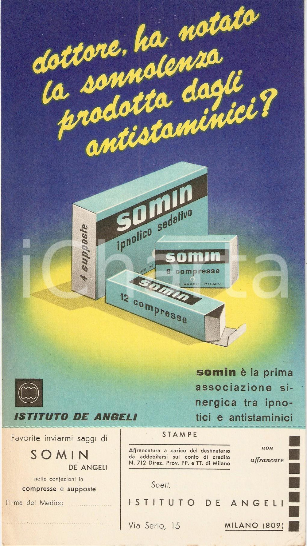Materiale pubblicitario d’epoca 1955 MILANO Istituto DE ANGELI Farmaco SOMIN Ipnotico sedativo Cartoncino 1