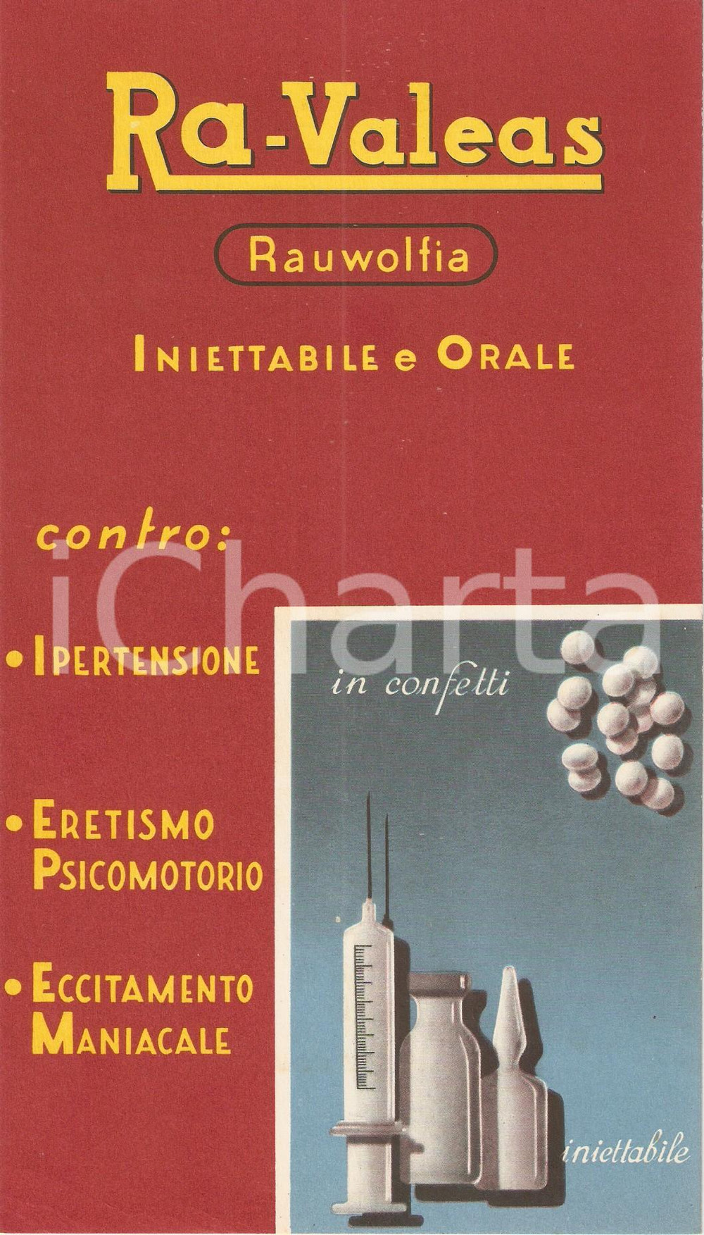 Materiale pubblicitario d’epoca 1955 MILANO Confetti RAVALEAS contro l eccitamento maniacale Cartoncino 1