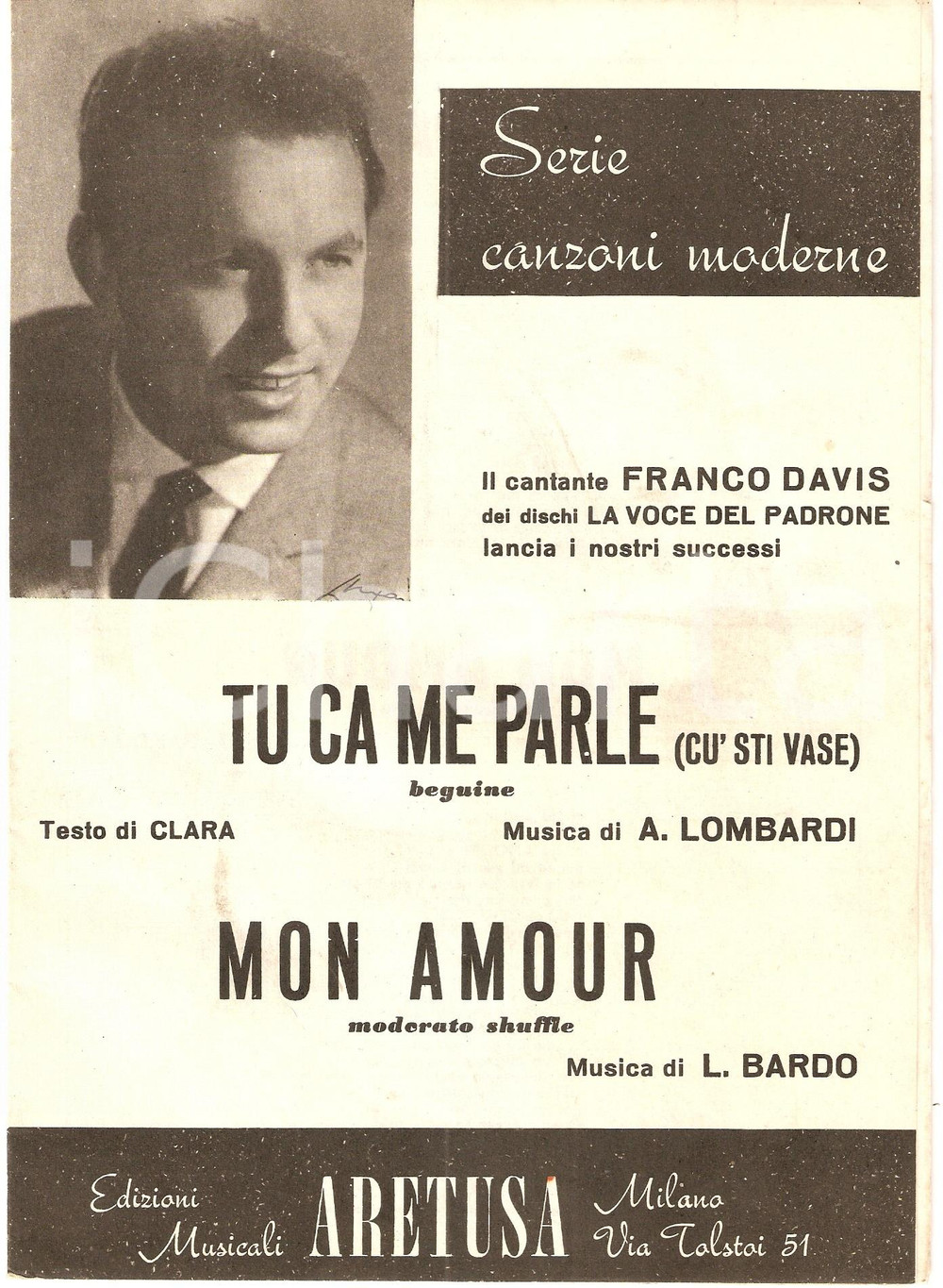 Oggetto da collezione cartaceo 1955 ca Franco DAVIS Tu ca me parle cu  sti vase  Mon amour Edizioni ARETUSA 1