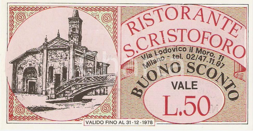 Oggetto da collezione cartaceo 1978 MILANO Ristorante SAN CRISTOFORO Buono sconto 50 lire ILLUSTRATO 1