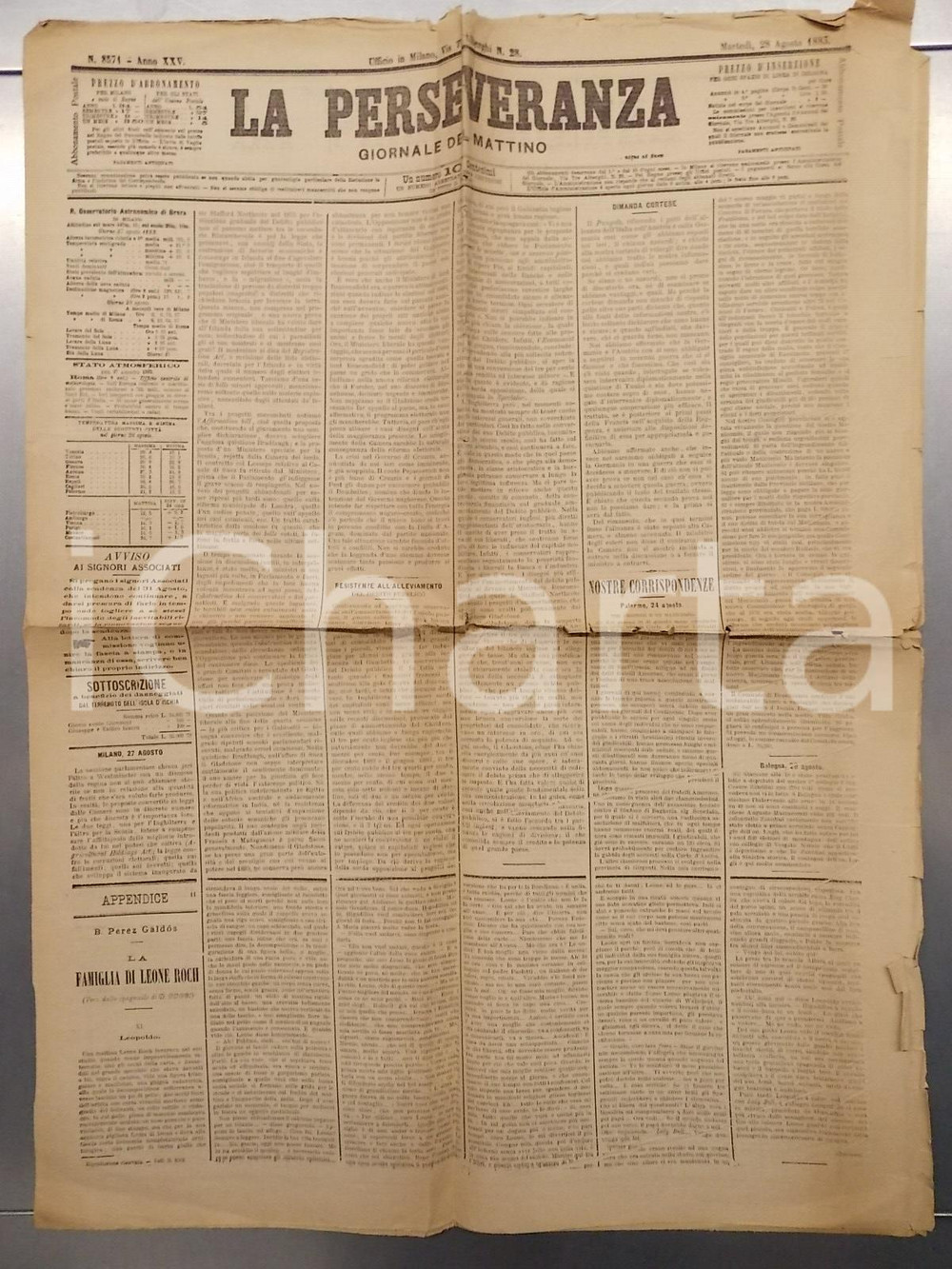 Giornale, rivista storica 1883 MILANO Giornale LA PERSEVERANZA Resistenze ad alleviamento debito pubblico 1