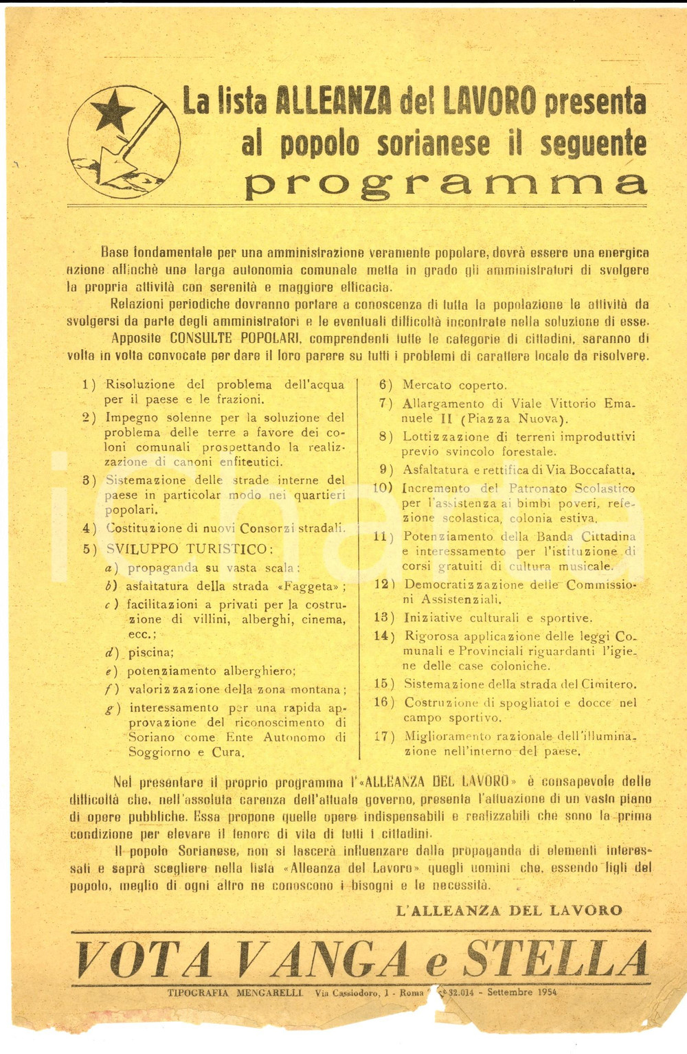 Materiale pubblicitario d’epoca 1954 SORIANO NEL CIMINO VT Programma lista ALLEANZA DEL LAVORO Volantino 1