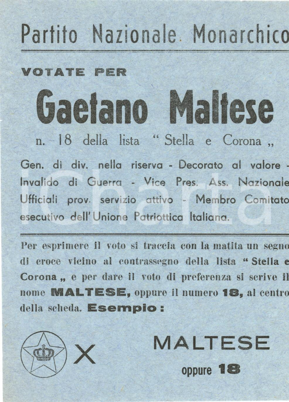 Materiale pubblicitario d’epoca 1953 PARTITO NAZIONALE MONARCHICO Gaetano MALTESE Stella e Corona Volantino 1