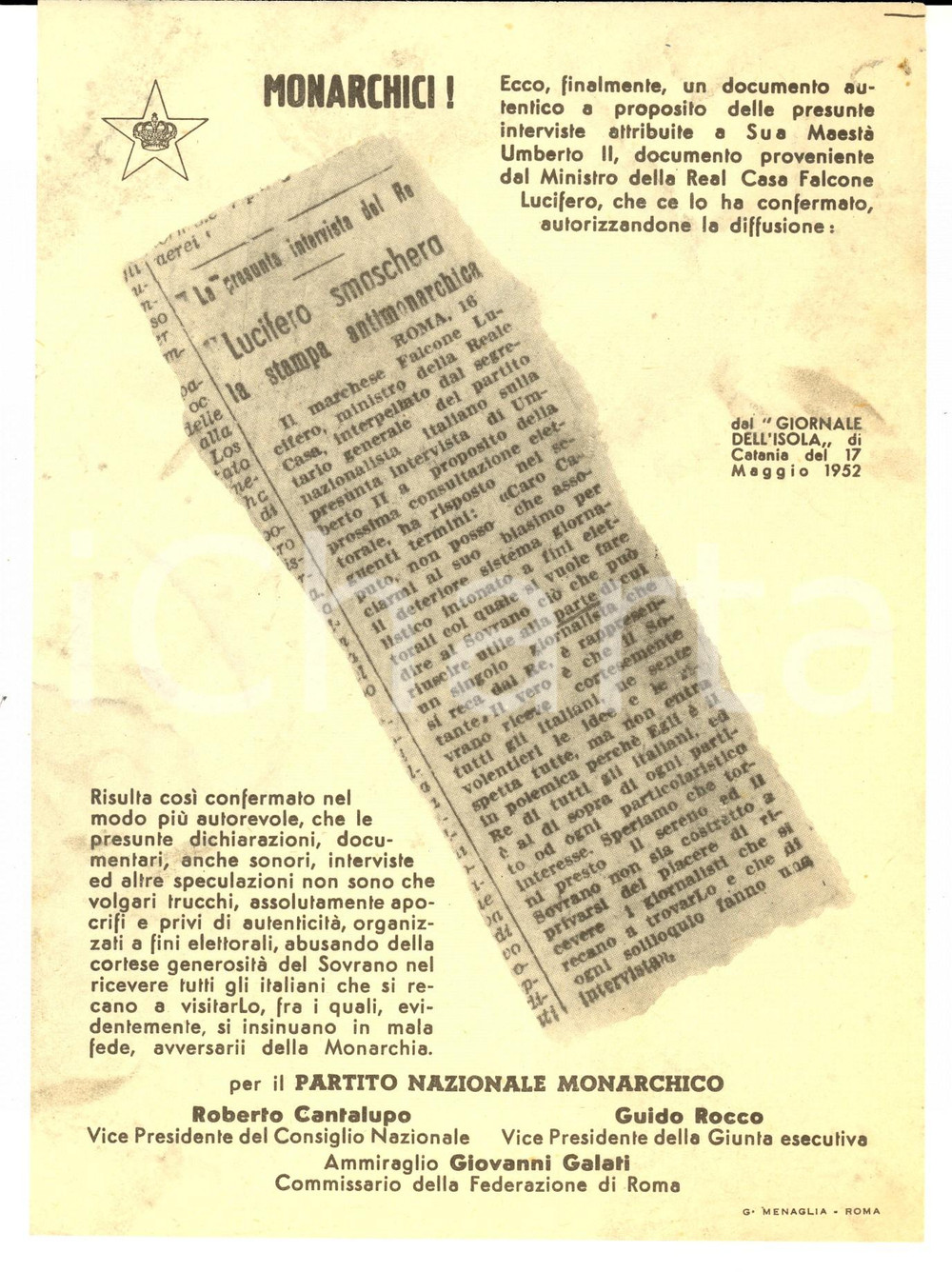 Materiale pubblicitario d’epoca 1953 PNM Falcone Lucifero  smaschera la stampa antimonarchica PROPAGANDA 1