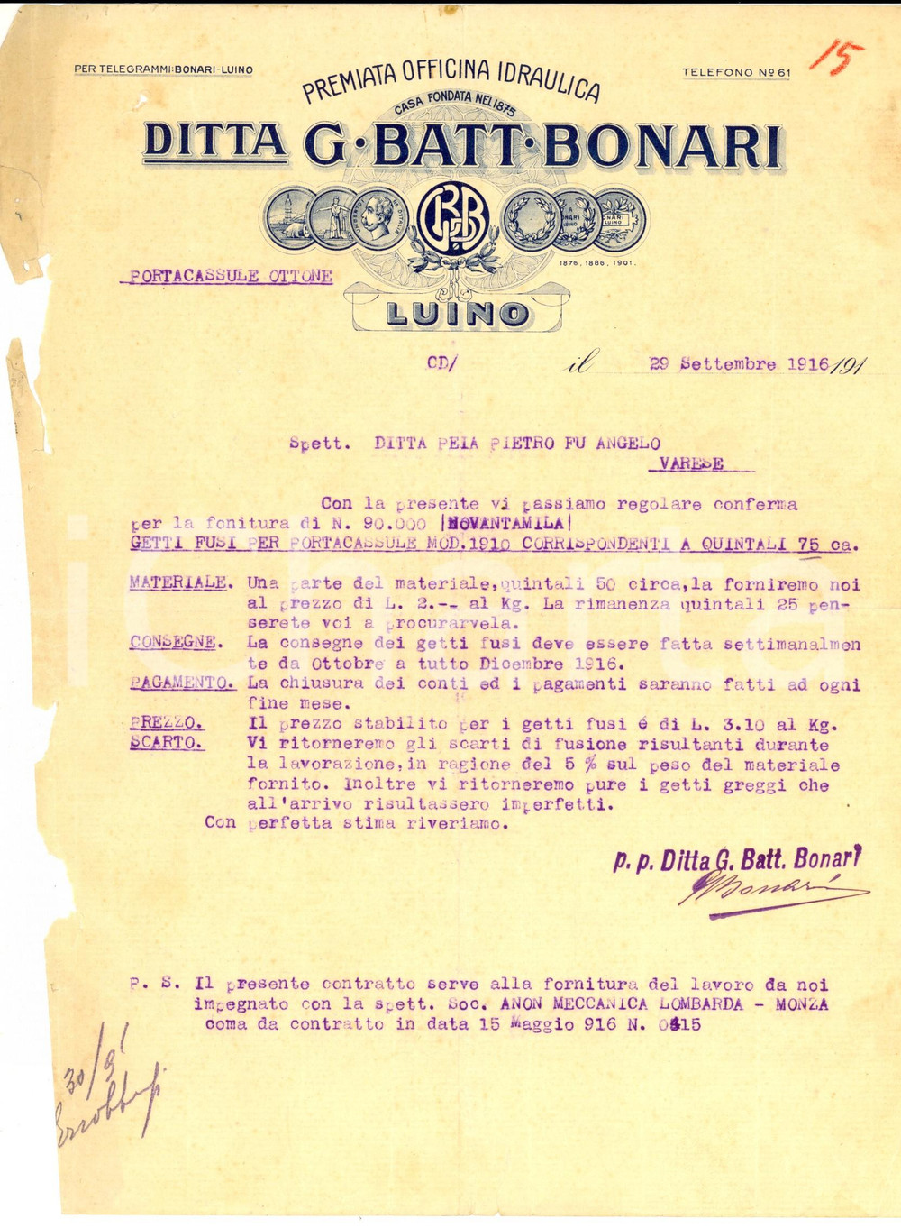 Documento originale, autentico 1916 LUINO VA Giovanni Battista BONARI Premiata officina idraulica Fattura 1