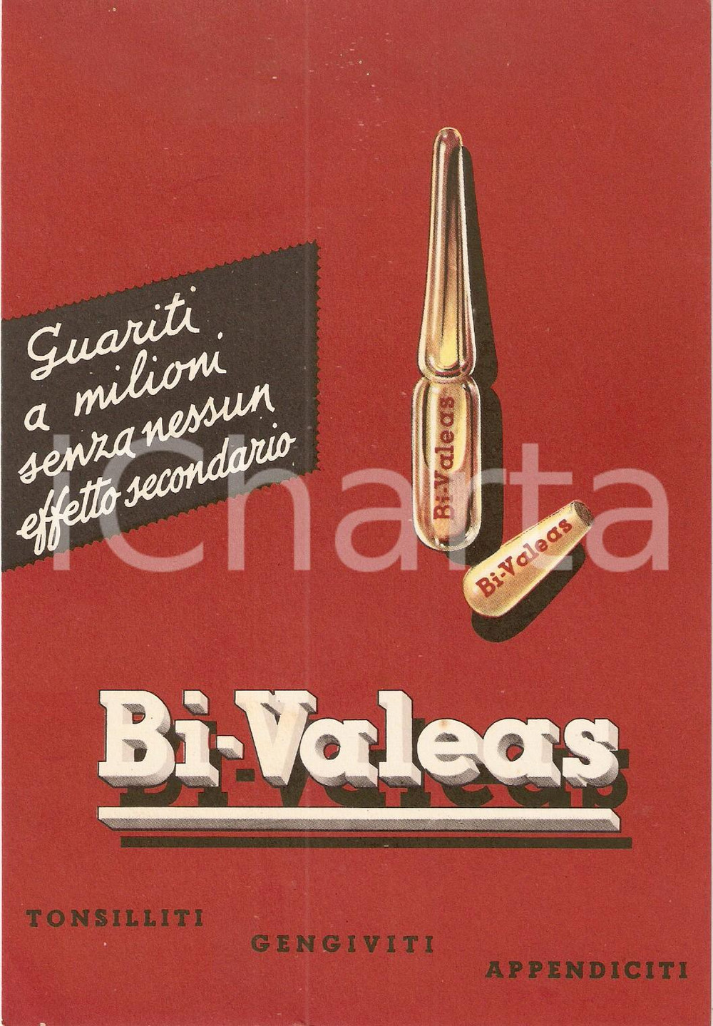 Materiale pubblicitario d’epoca 1955 MILANO Farmaci VALEAS Fiale BIVALEAS Tonsillite Cartoncino pubblicitario 1