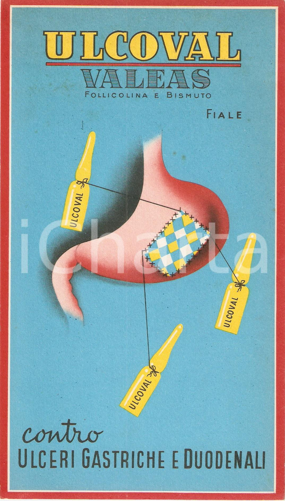 Materiale pubblicitario d’epoca 1955 MILANO Farmaci VALEAS Fiale ULCOVAL Ulcera Cartoncino pubblicitario 1