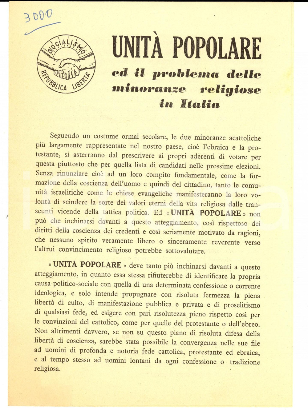 Materiale pubblicitario d’epoca 1950 ca UNITA  POPOLARE Problema delle minoranze religiose EBREI e PROTESTANTI 1