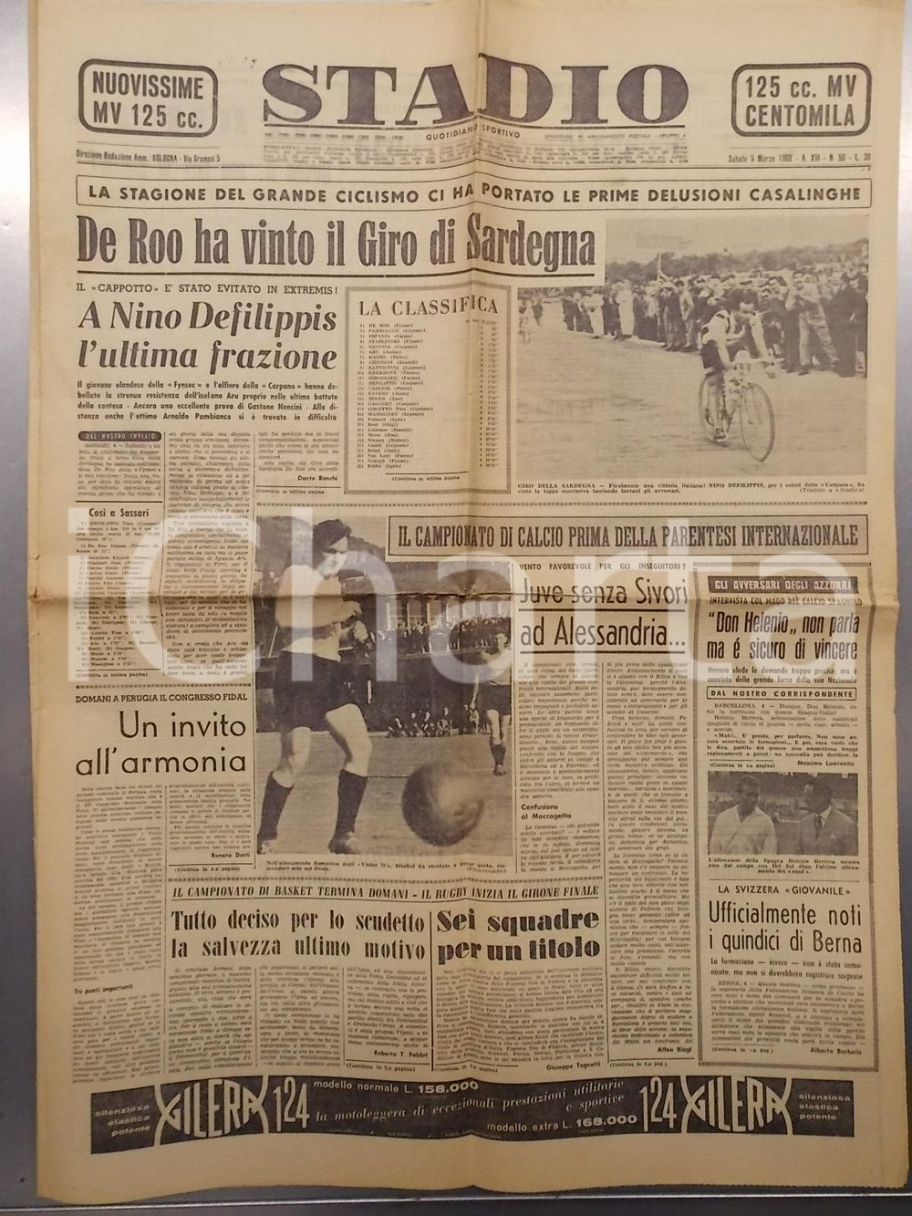 Giornale, rivista storica 1960 STADIO Quotidiano sportivo Ciclismo Jo DE ROO vince Giro di SARDEGNA 1