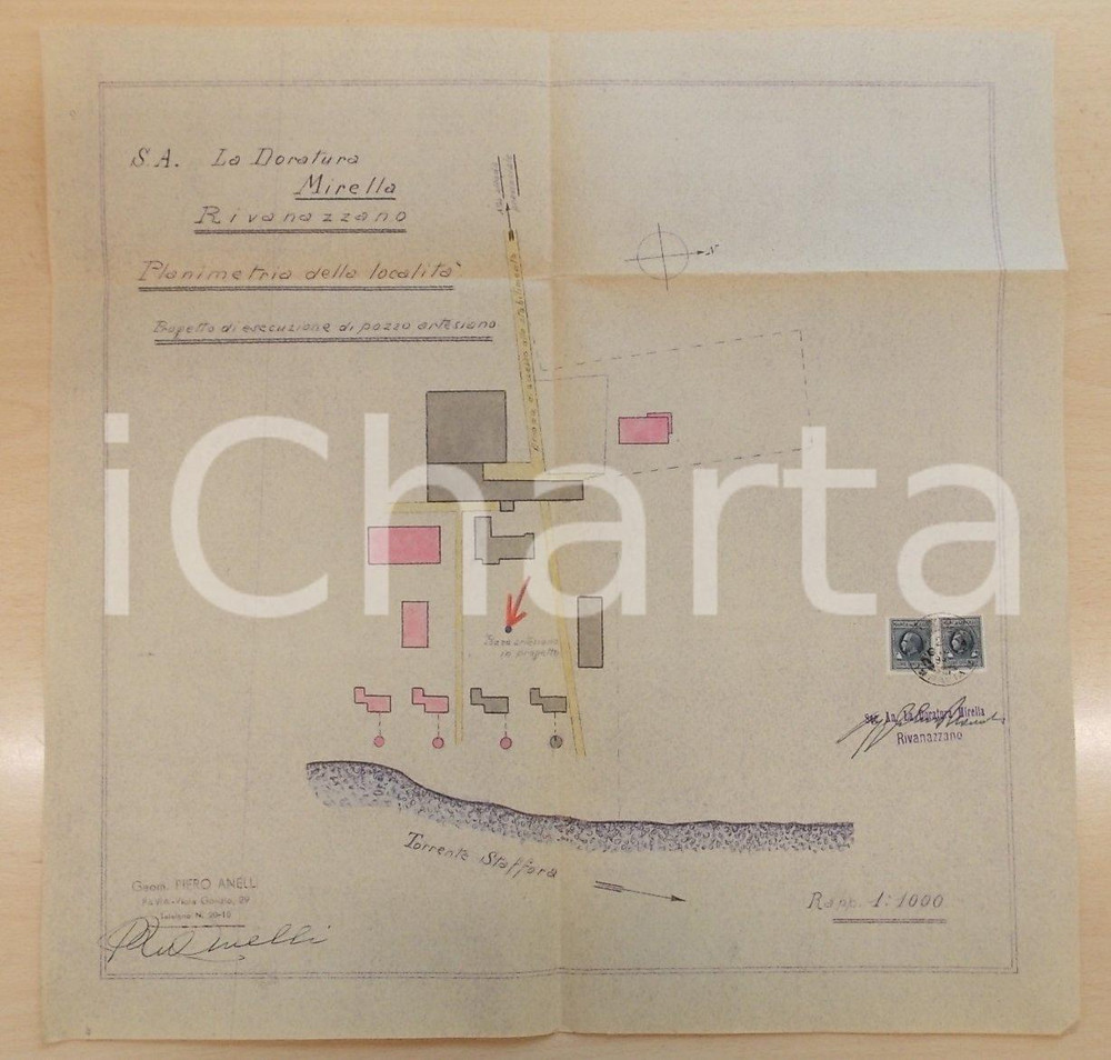 Mappa, planimetria storica 1930 ca RIVANAZZANO TERME S.A. La Doratura MIRELLA Planimetria pozzo artesiano 1