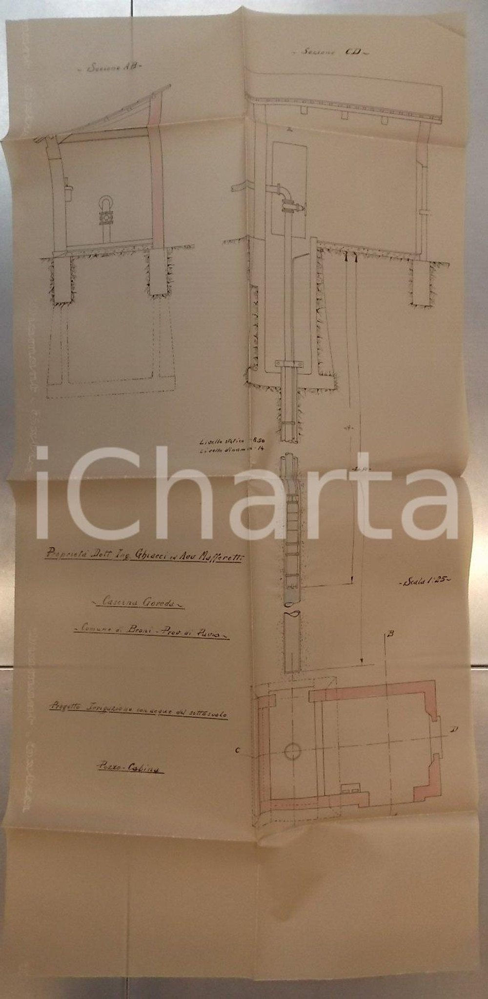 Mappa, planimetria storica 1930 ca BRONI PV Irrigazione proprietÃ  GHIACCI  MAFFERETTI a Cascina GOREDA 1