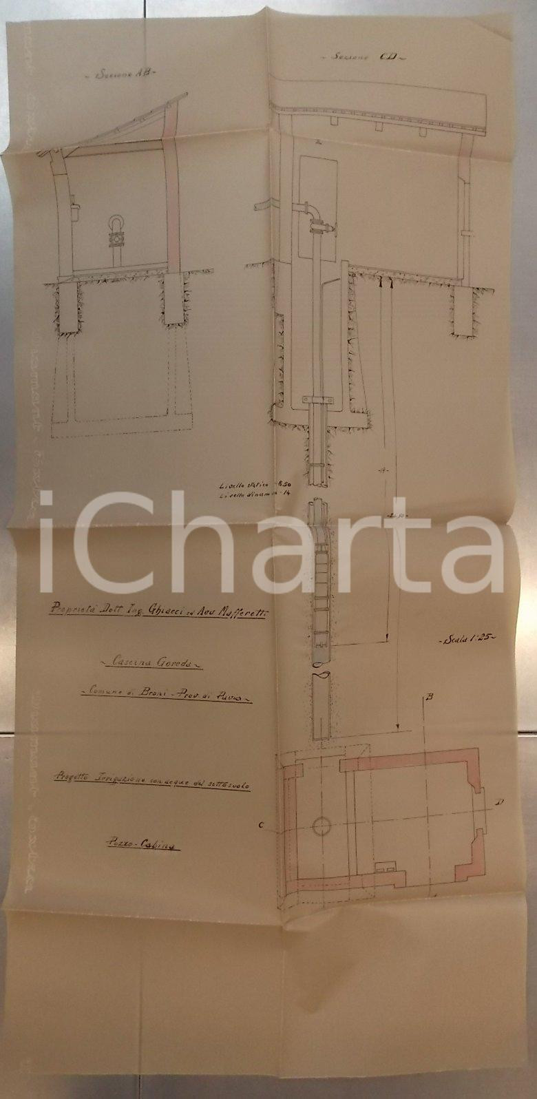 Mappa, planimetria storica 1930 ca BRONI PV Cascina GOREDA Progetto per irrigazione della cascina 1