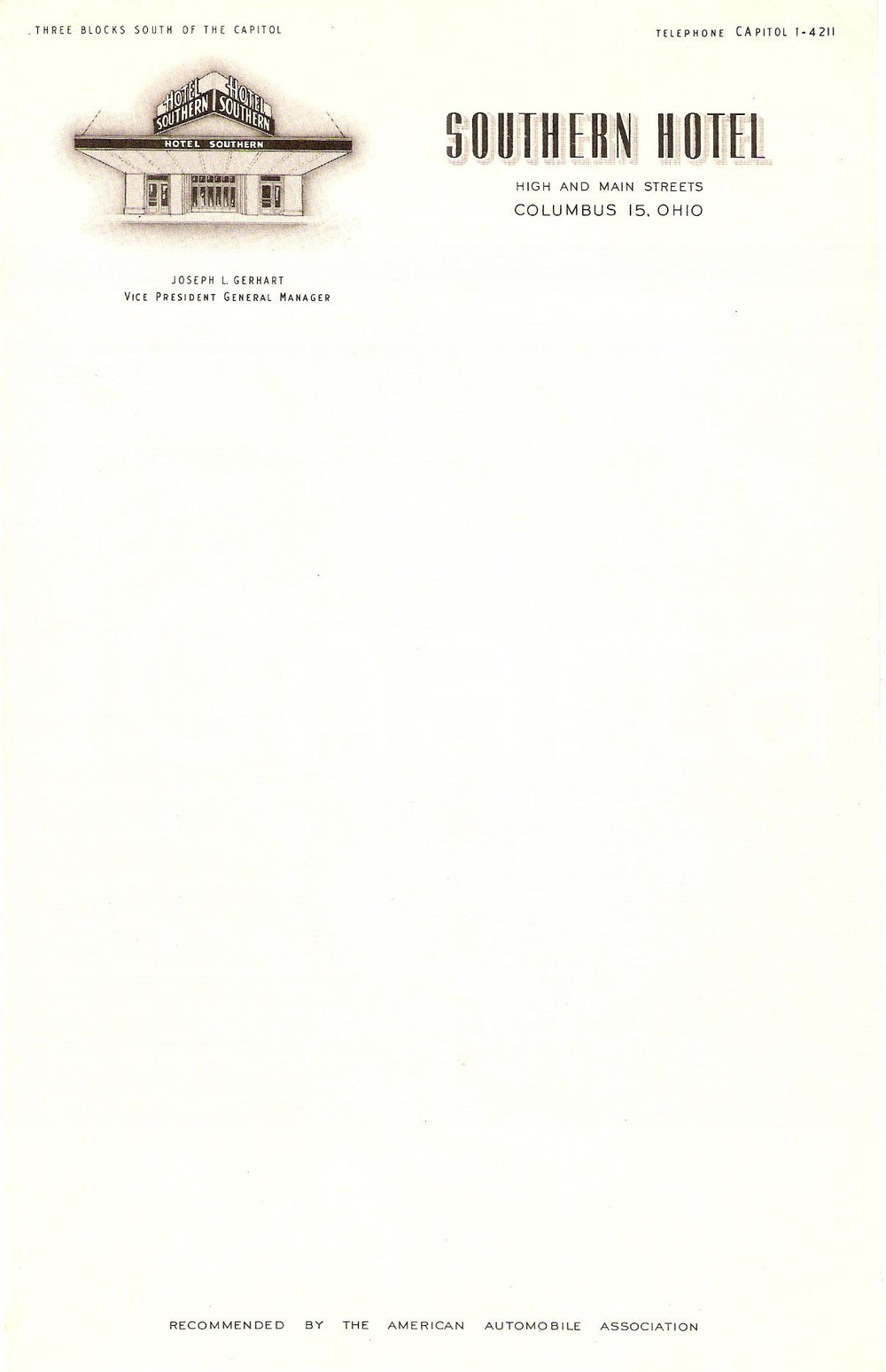 Materiale pubblicitario d’epoca 1950 ca COLUMBUS Ohio USA SOUTHERN Hotel Carta intestata ILLUSTRATA 1 1